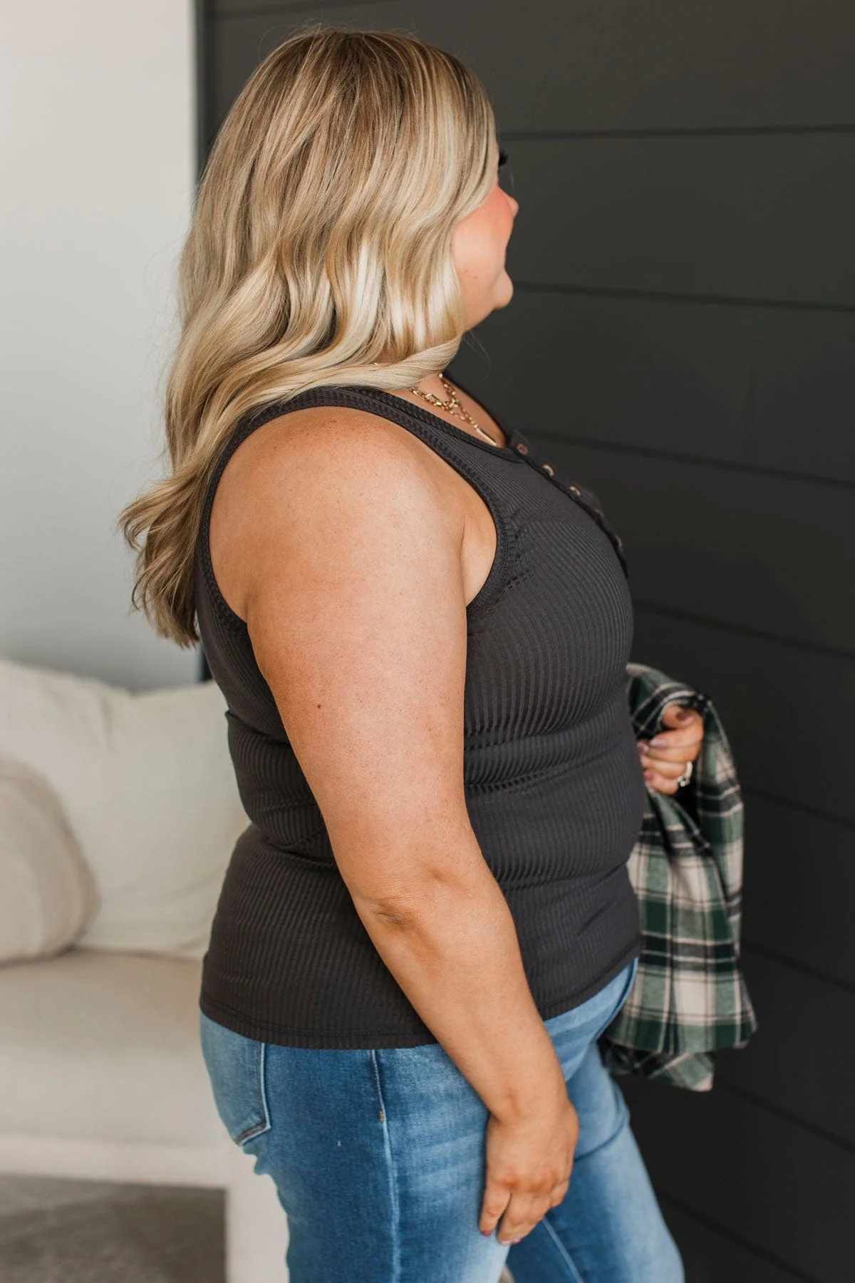 Just Passing By Ribbed Henley Tank Top- Charcoal - Image 5