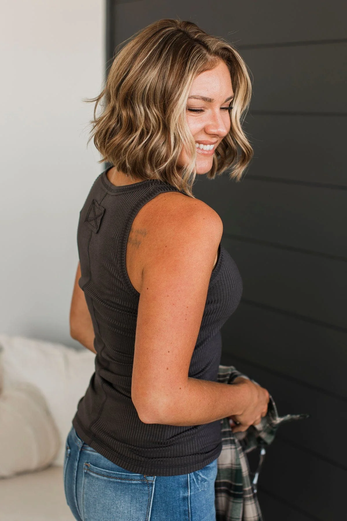 Just Passing By Ribbed Henley Tank Top- Charcoal - Image 6