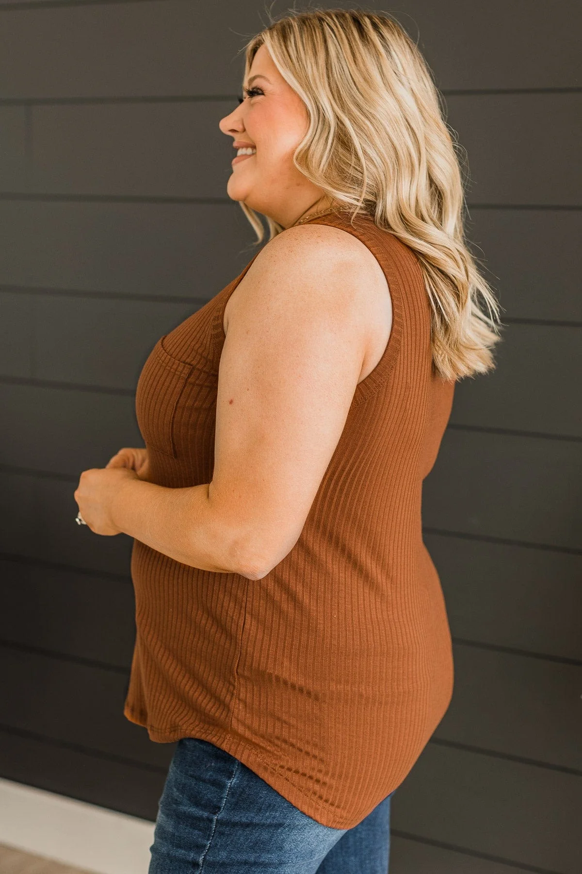 Just Peachy Ribbed Tank Top- Dark Camel - Image 6