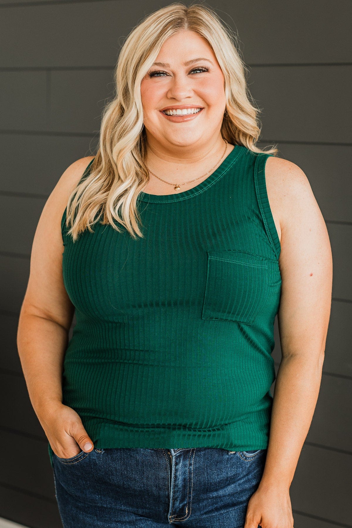 Just Peachy Ribbed Tank Top- Hunter Green - Image 2