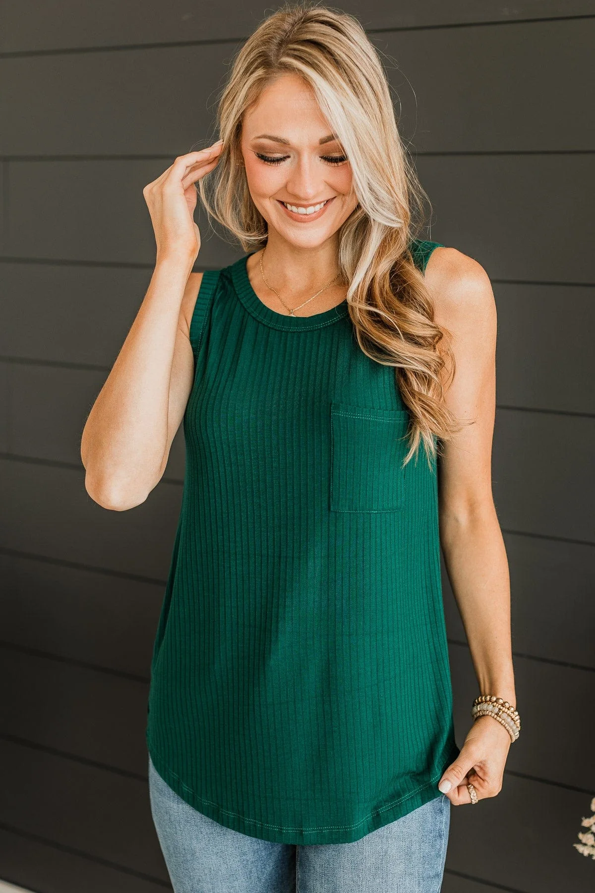 Just Peachy Ribbed Tank Top- Hunter Green - Image 3