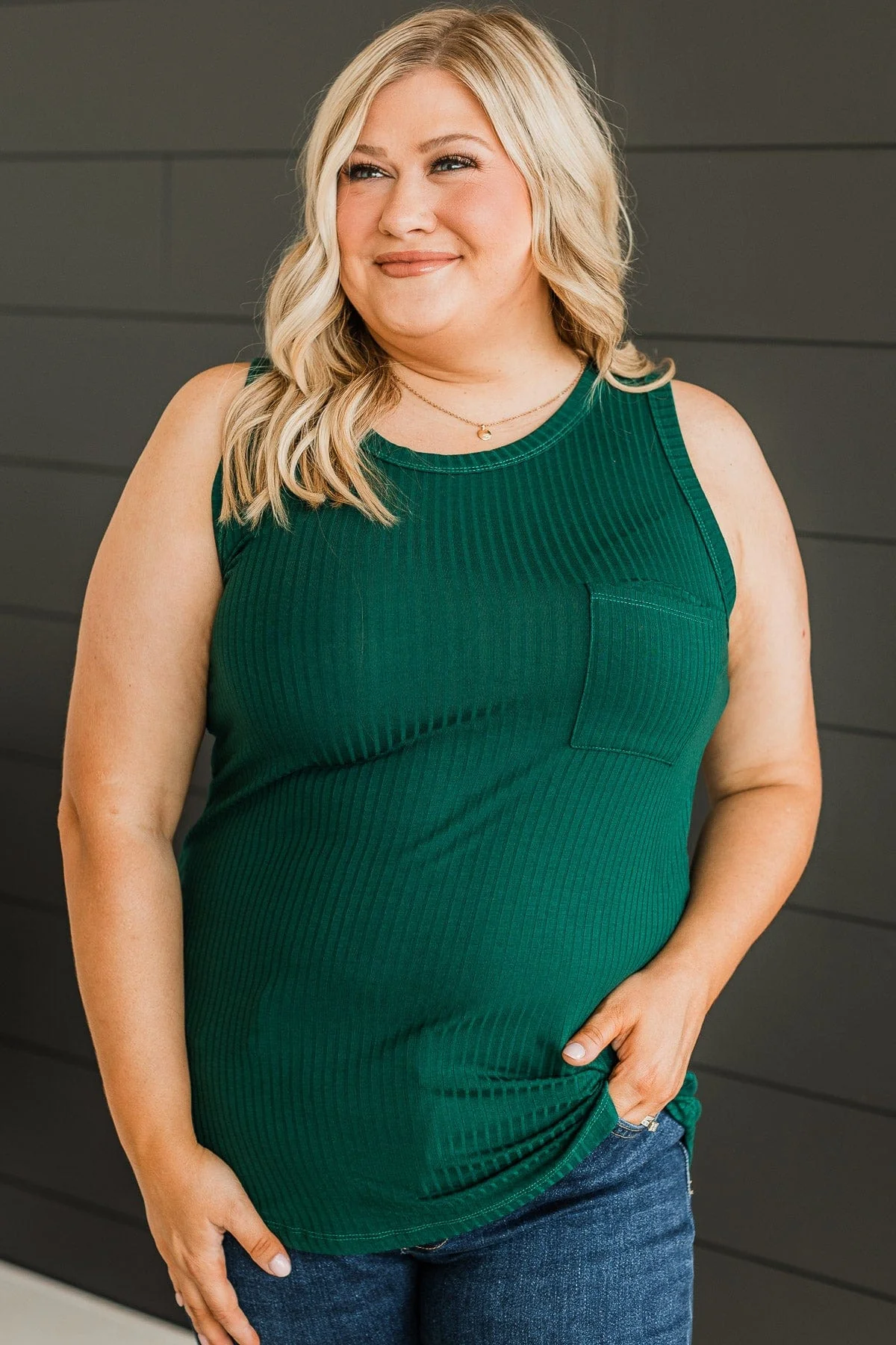 Just Peachy Ribbed Tank Top- Hunter Green - Image 4