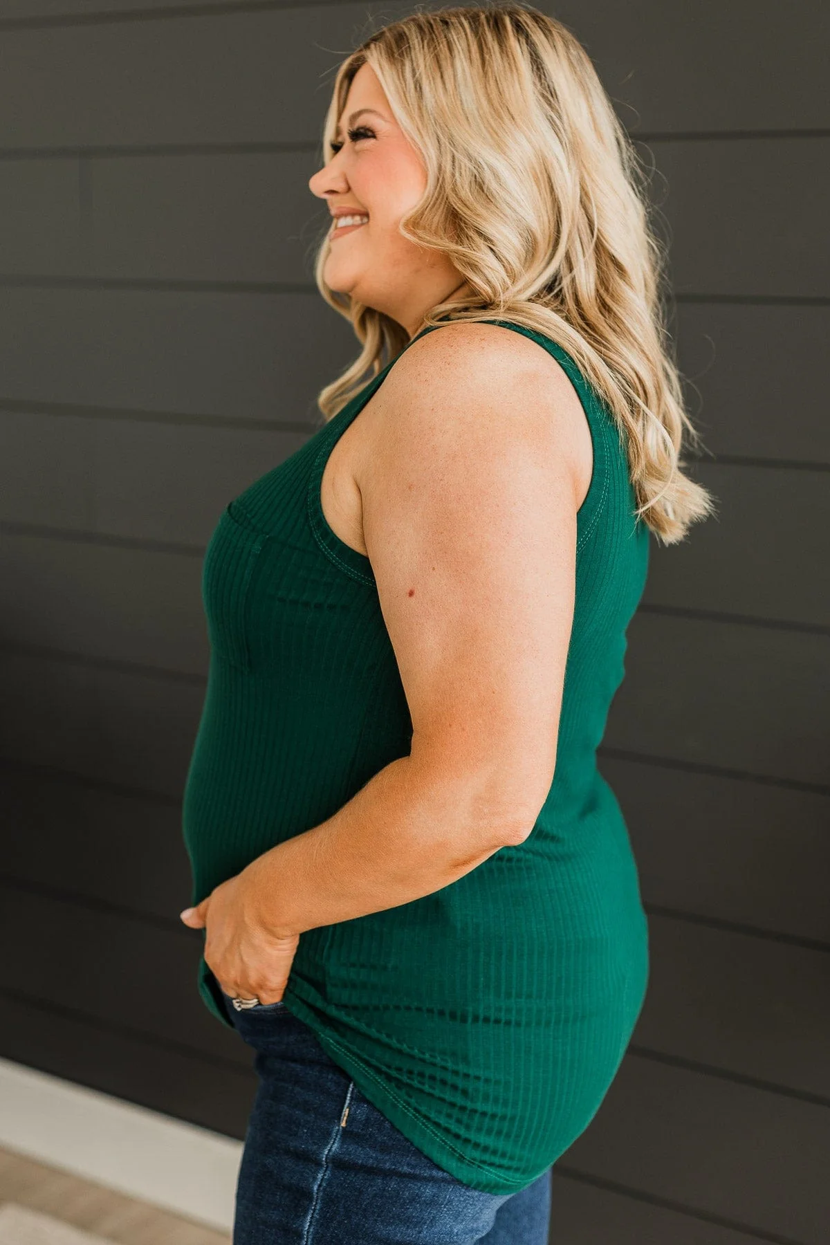 Just Peachy Ribbed Tank Top- Hunter Green - Image 6