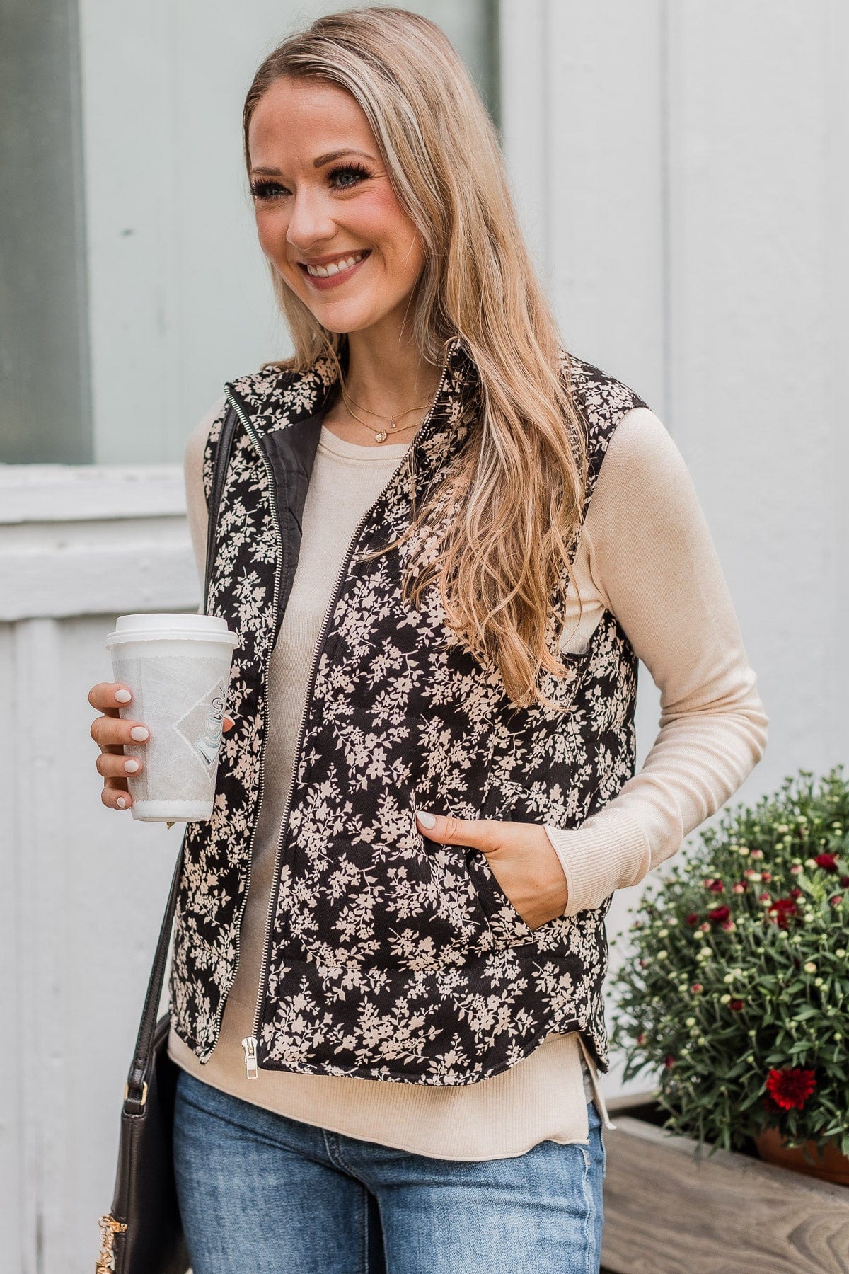 Just Perfect Floral Puffer Vest- Black - Image 3