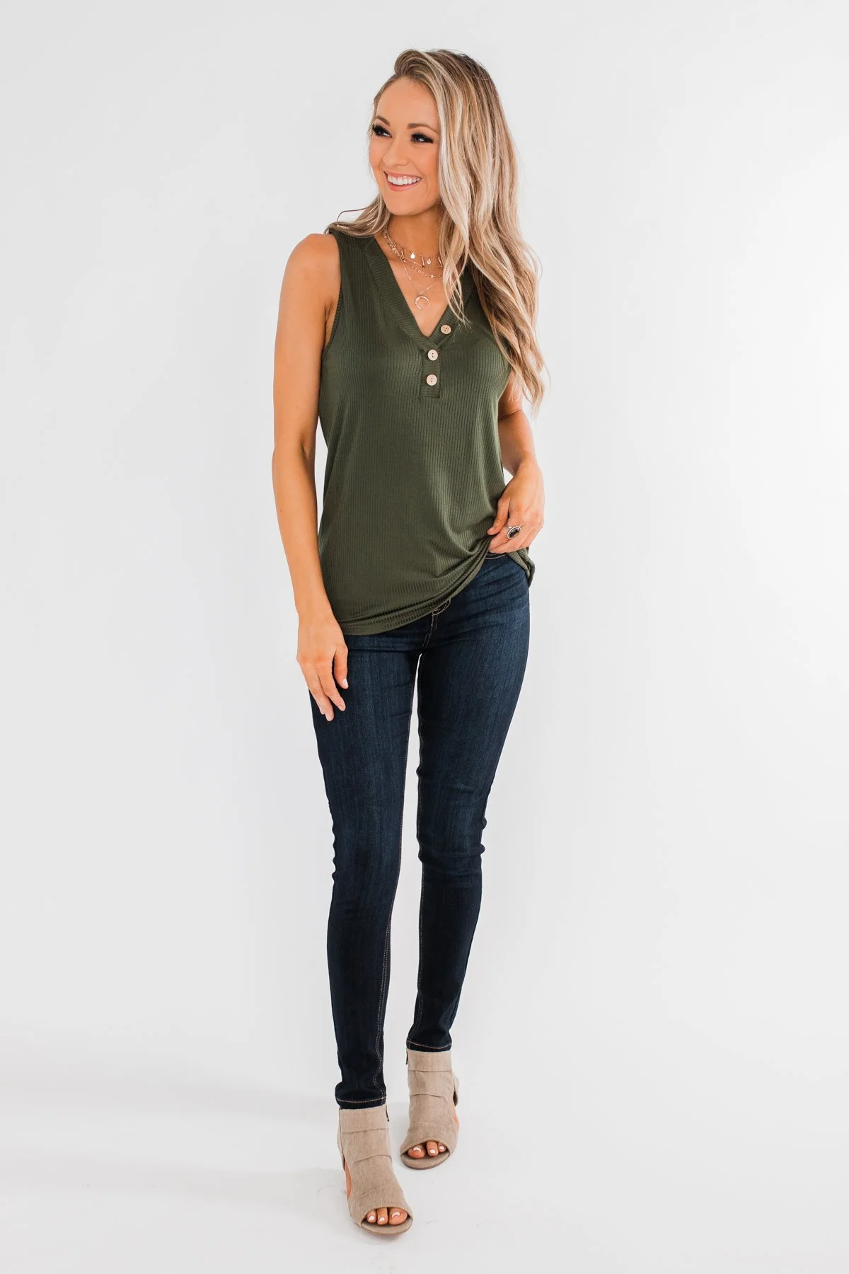 Just Say The Word 3 Button Tank Top- Dark Olive - Image 3