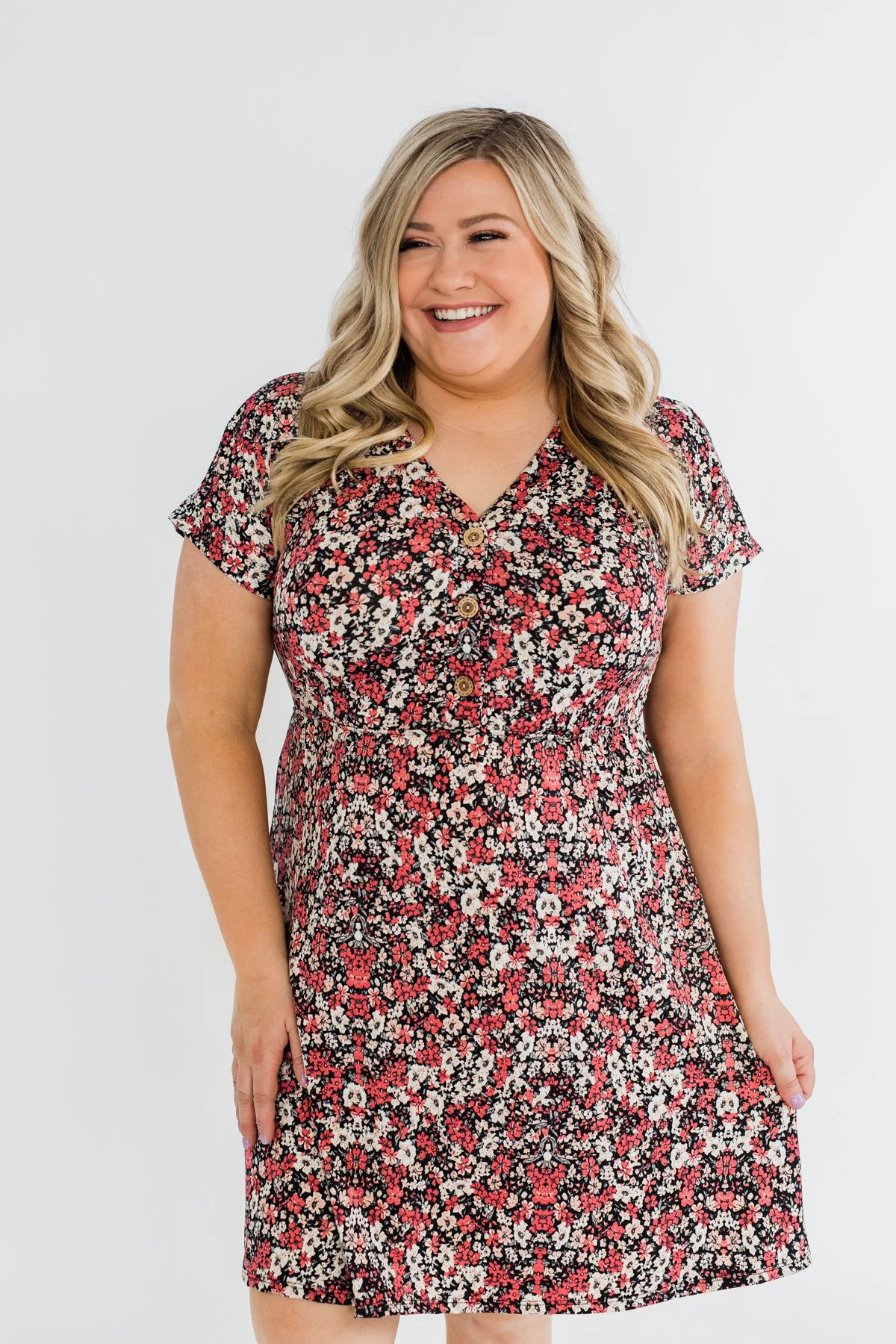 Just Say Yes Floral Button Dress- Black & Pink - Image 5