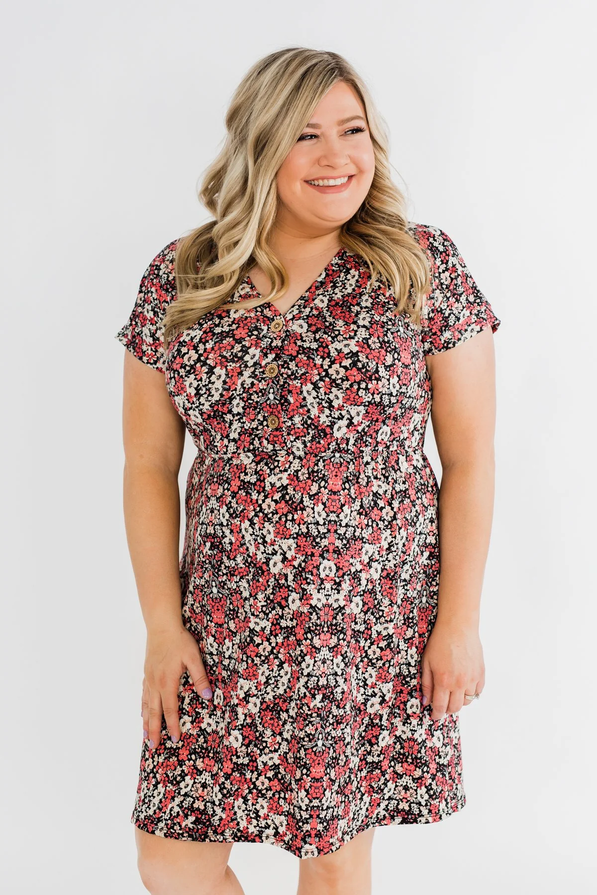 Just Say Yes Floral Button Dress- Black & Pink - Image 7