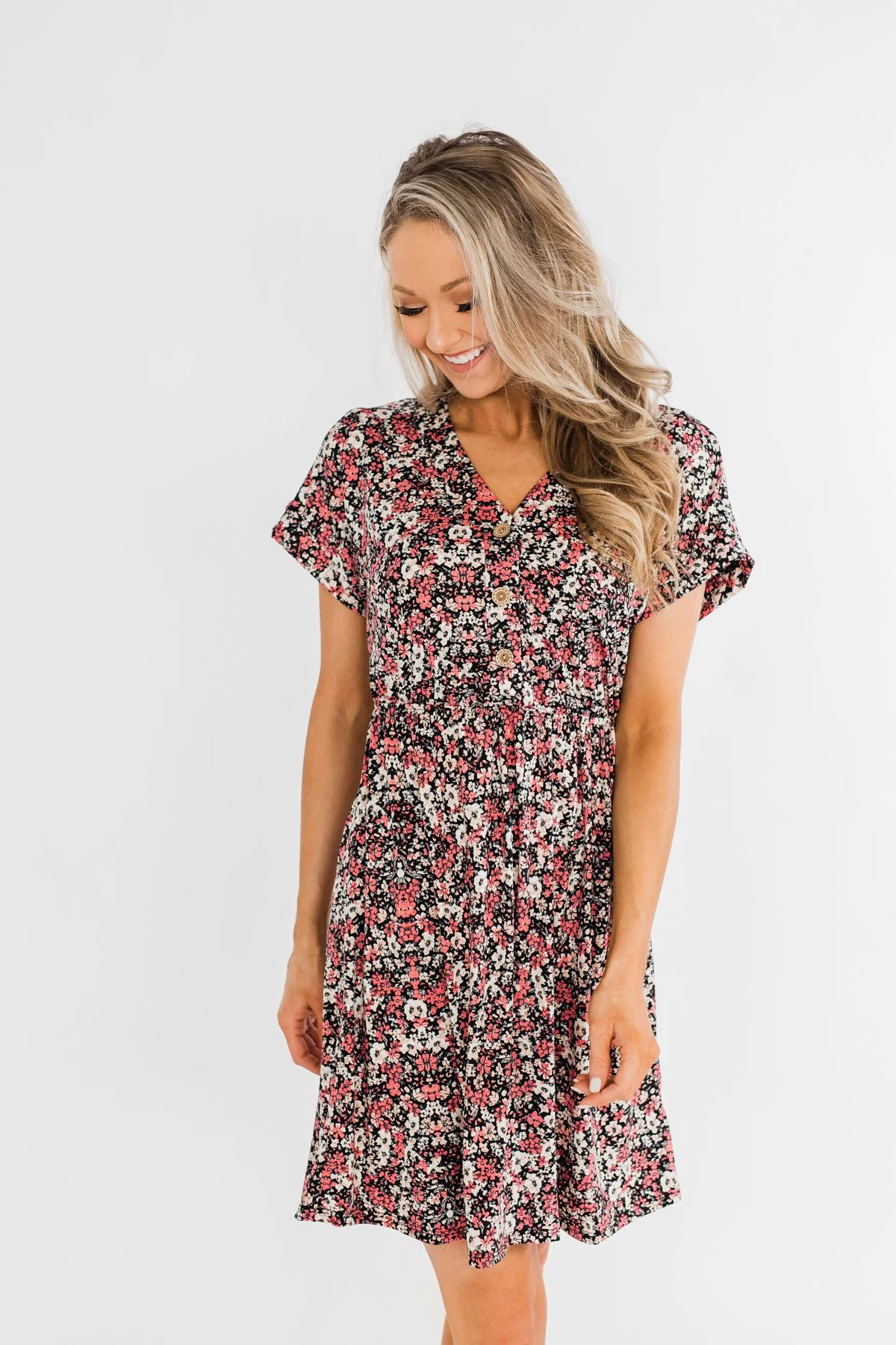 Just Say Yes Floral Button Dress- Black & Pink - Image 8