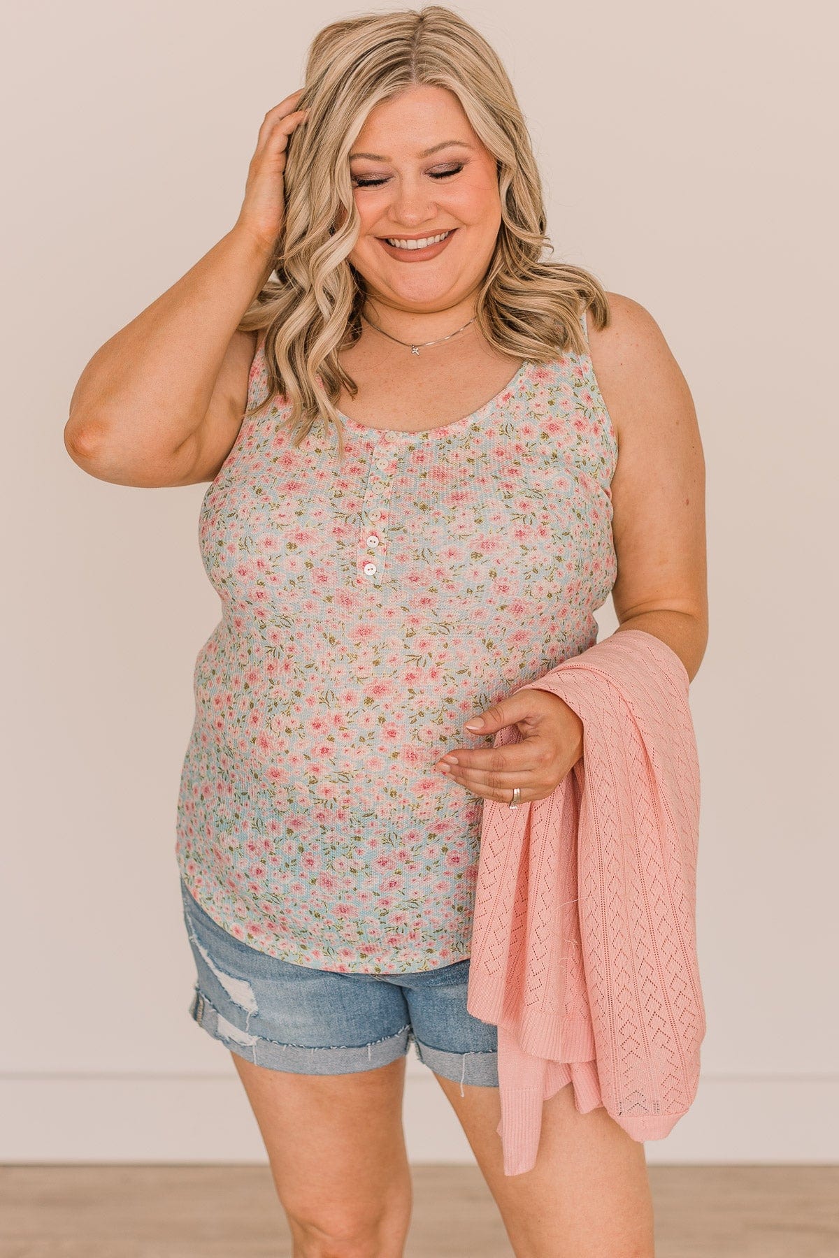 Just So You Know Floral Tank Top- Aqua Blue - Image 4