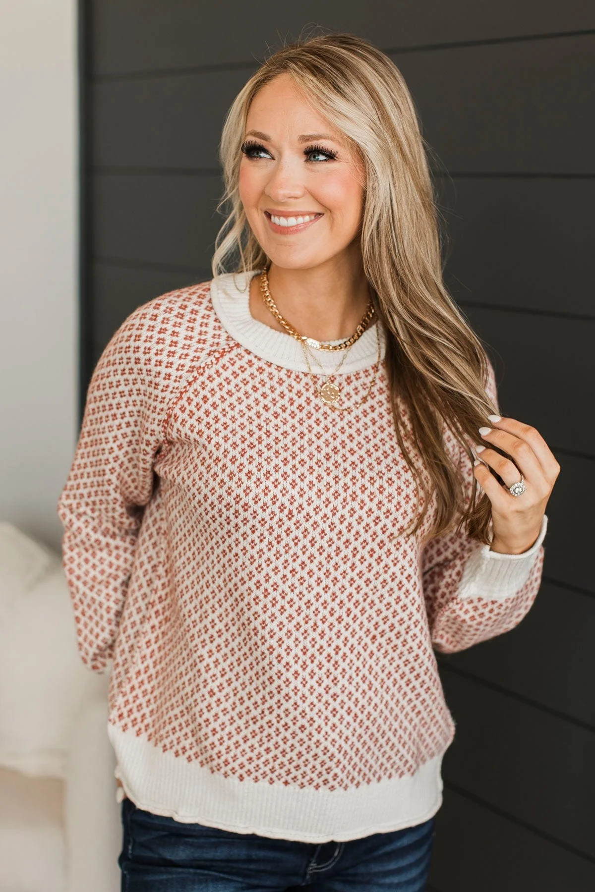 Just Stopping By Printed Knit Sweater- Cream & Rust - Image 3