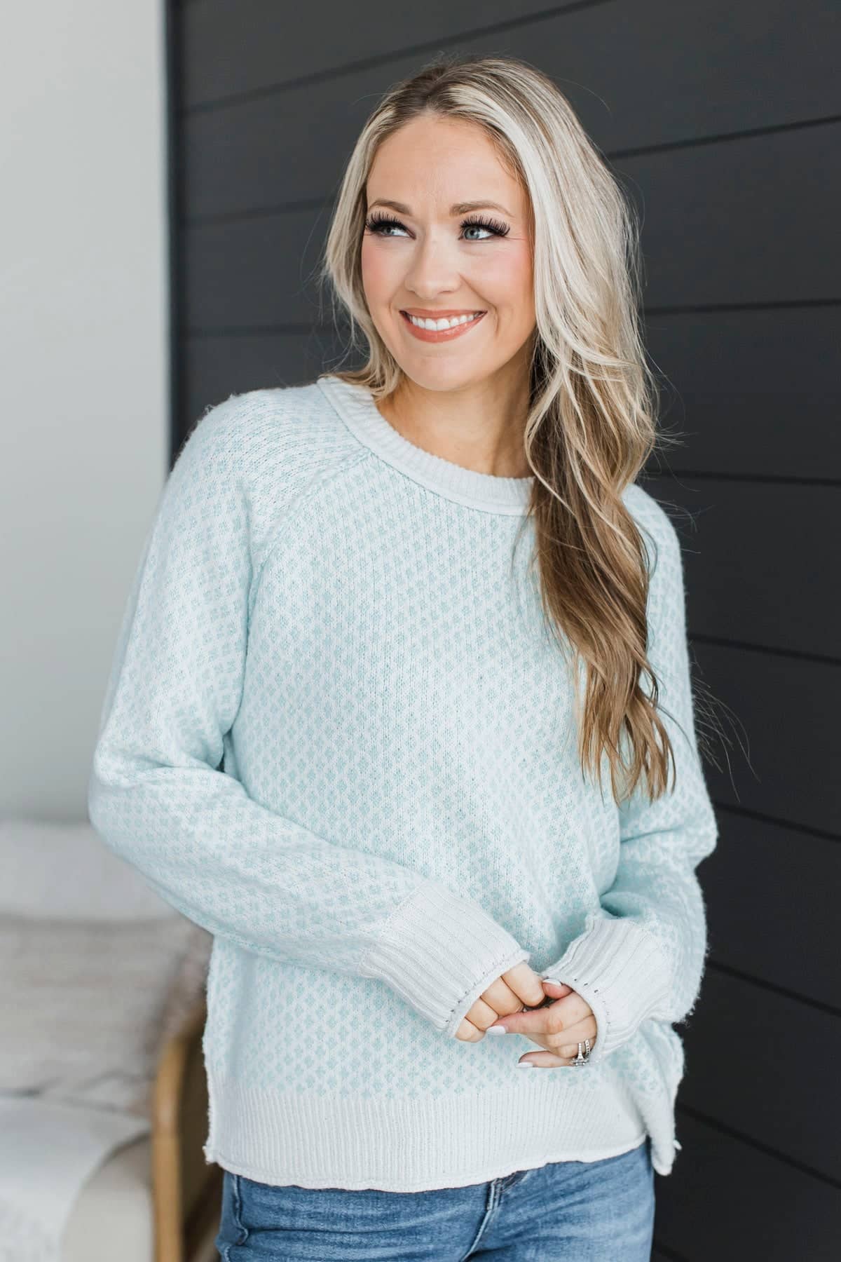 Just Stopping By Printed Knit Sweater- Light Aqua - Image 2