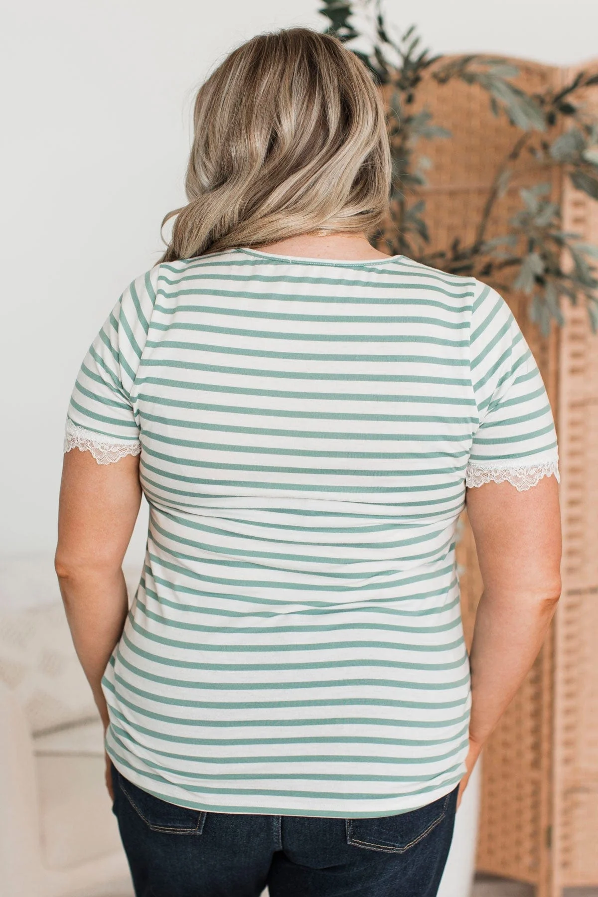 Just The Sweetest Striped Lace Top- Mint & White - Image 3