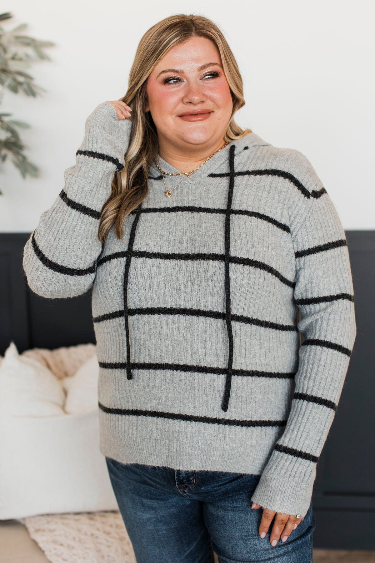 Just Think About It Hooded Knit Top- Heather Grey - Image 3