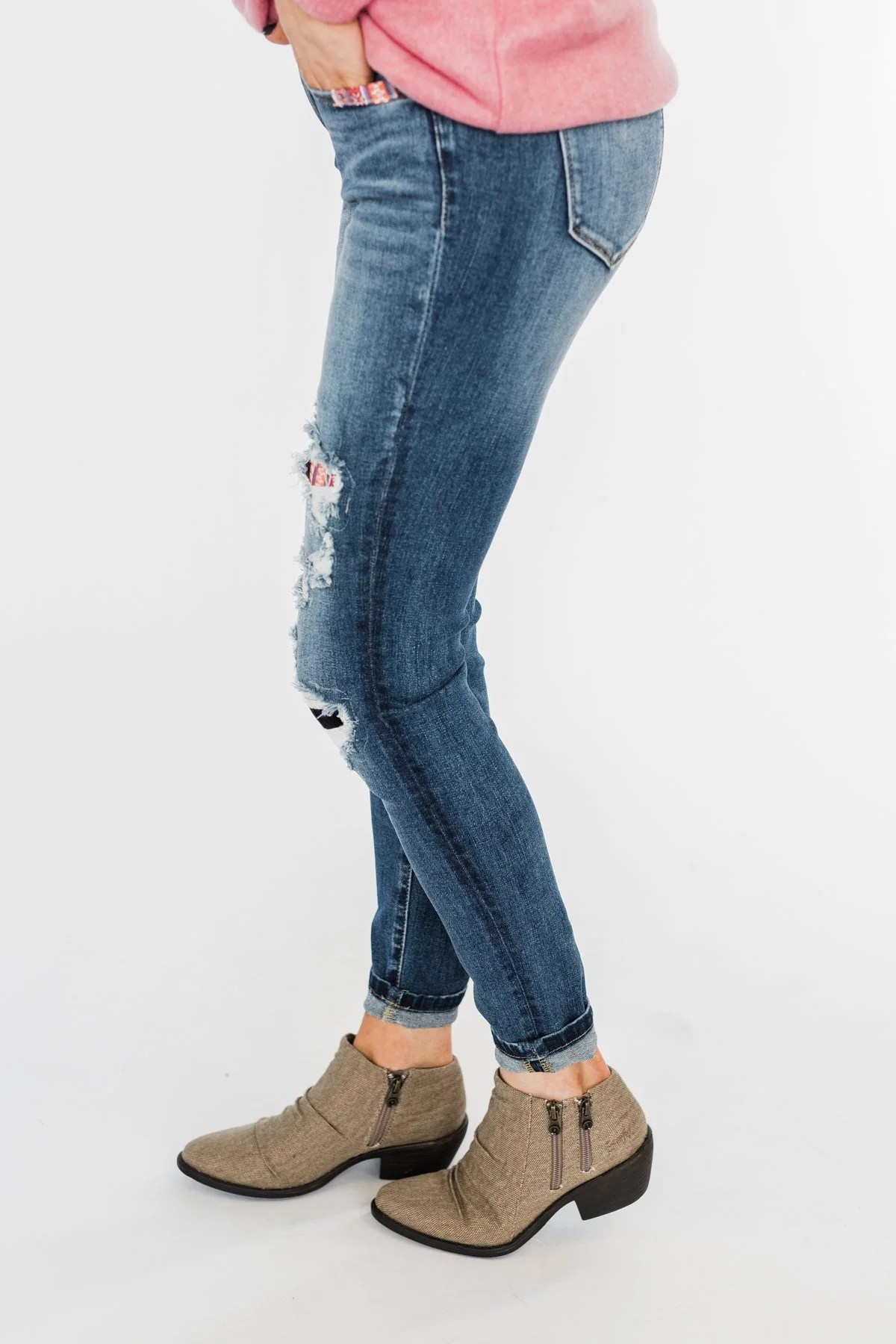 KanCan Distressed Skinny Jeans- Aztec Patch - Image 15