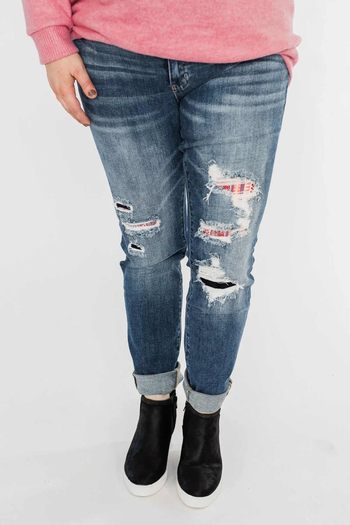 KanCan Distressed Skinny Jeans- Aztec Patch - Image 6