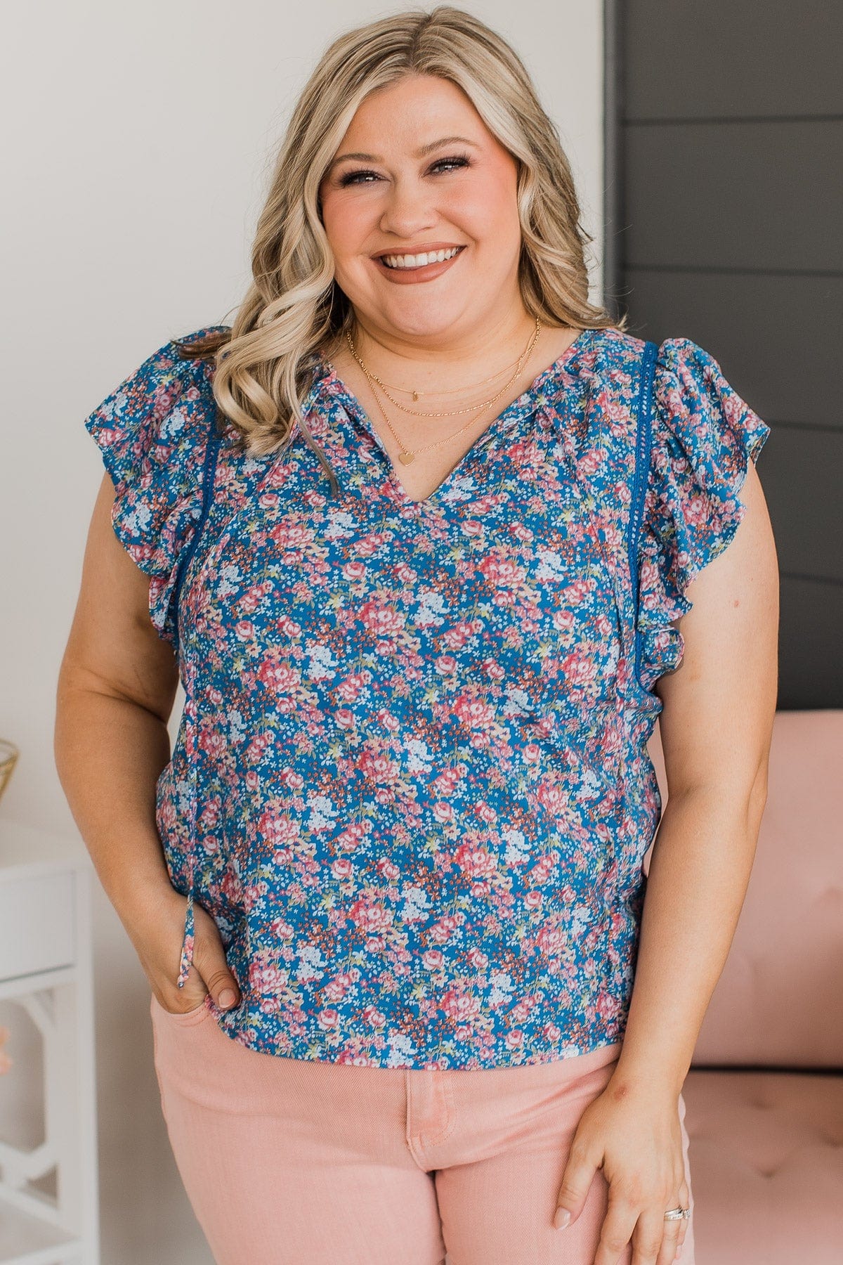 Keen On You Floral Blouse- Royal Blue & Pink - Image 4
