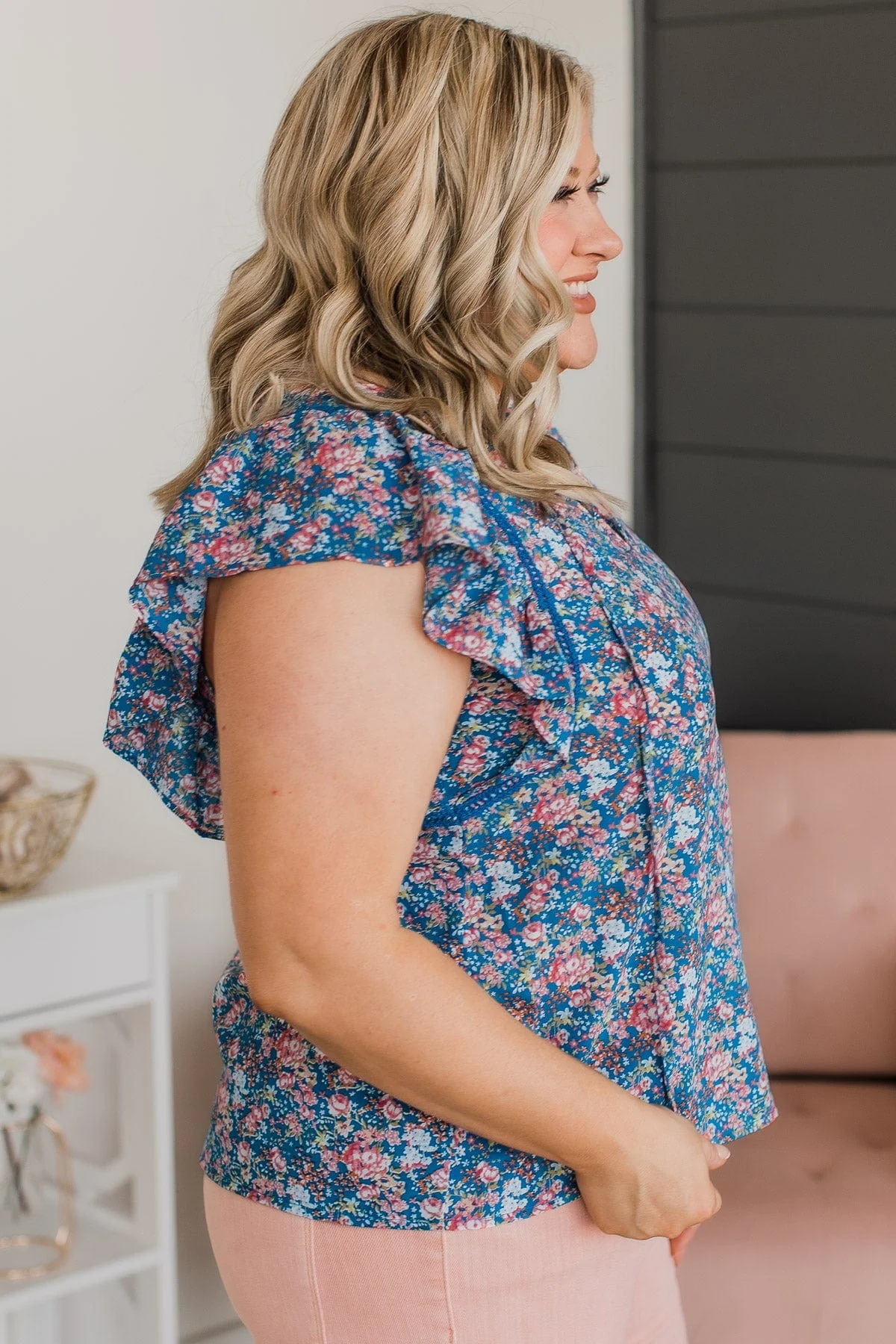 Keen On You Floral Blouse- Royal Blue & Pink - Image 6