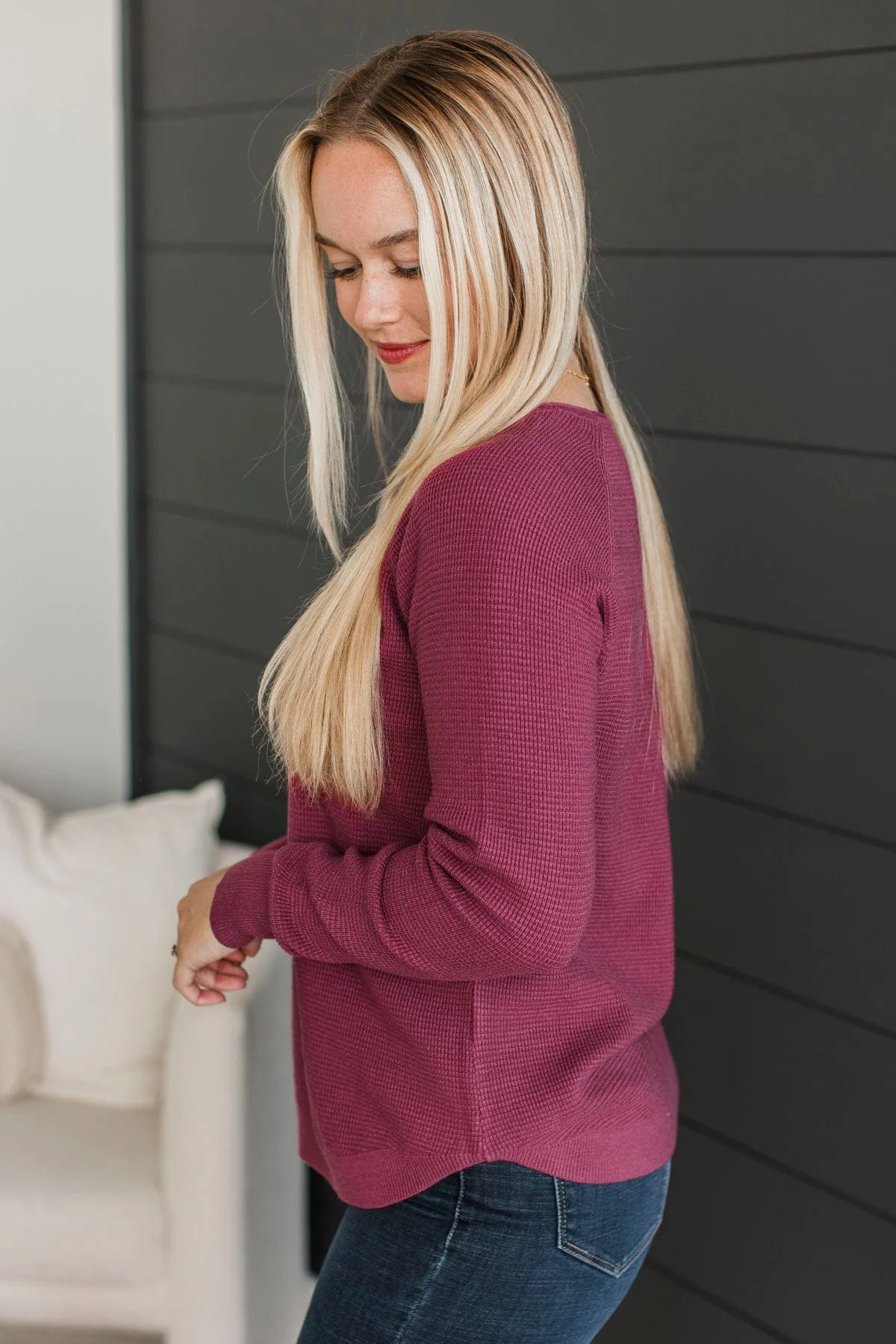 Keep Hoping Waffle Knit Sweater- Berry - Image 6
