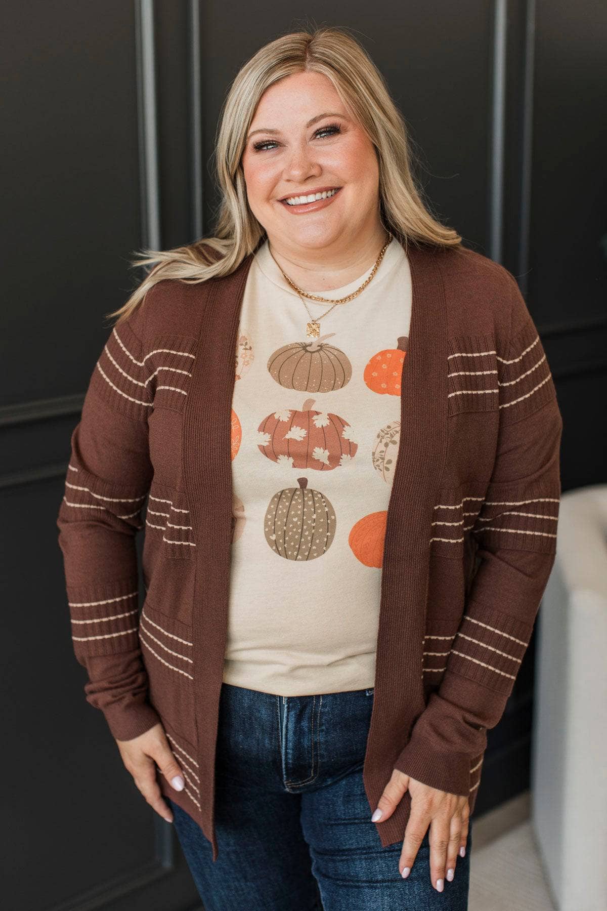 Keep In Mind Stitch Stripe Cardigan- Chocolate - Image 2
