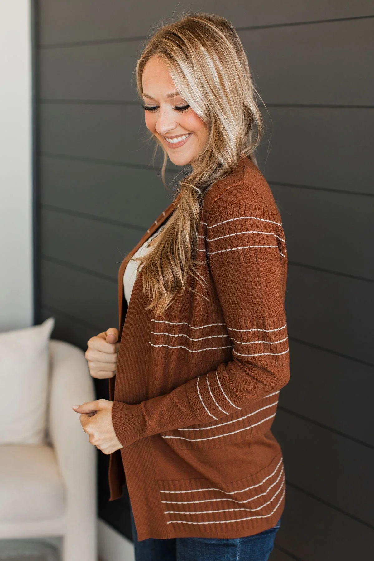 Keep In Mind Stitch Stripe Cardigan- Dark Rust - Image 6