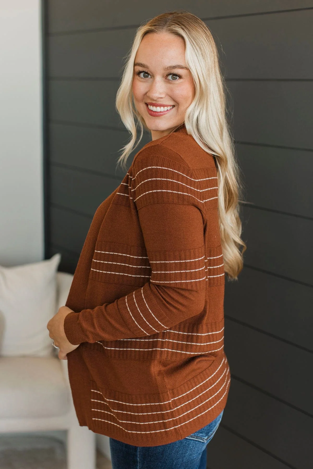 Keep In Mind Stitch Stripe Cardigan- Dark Rust - Image 7
