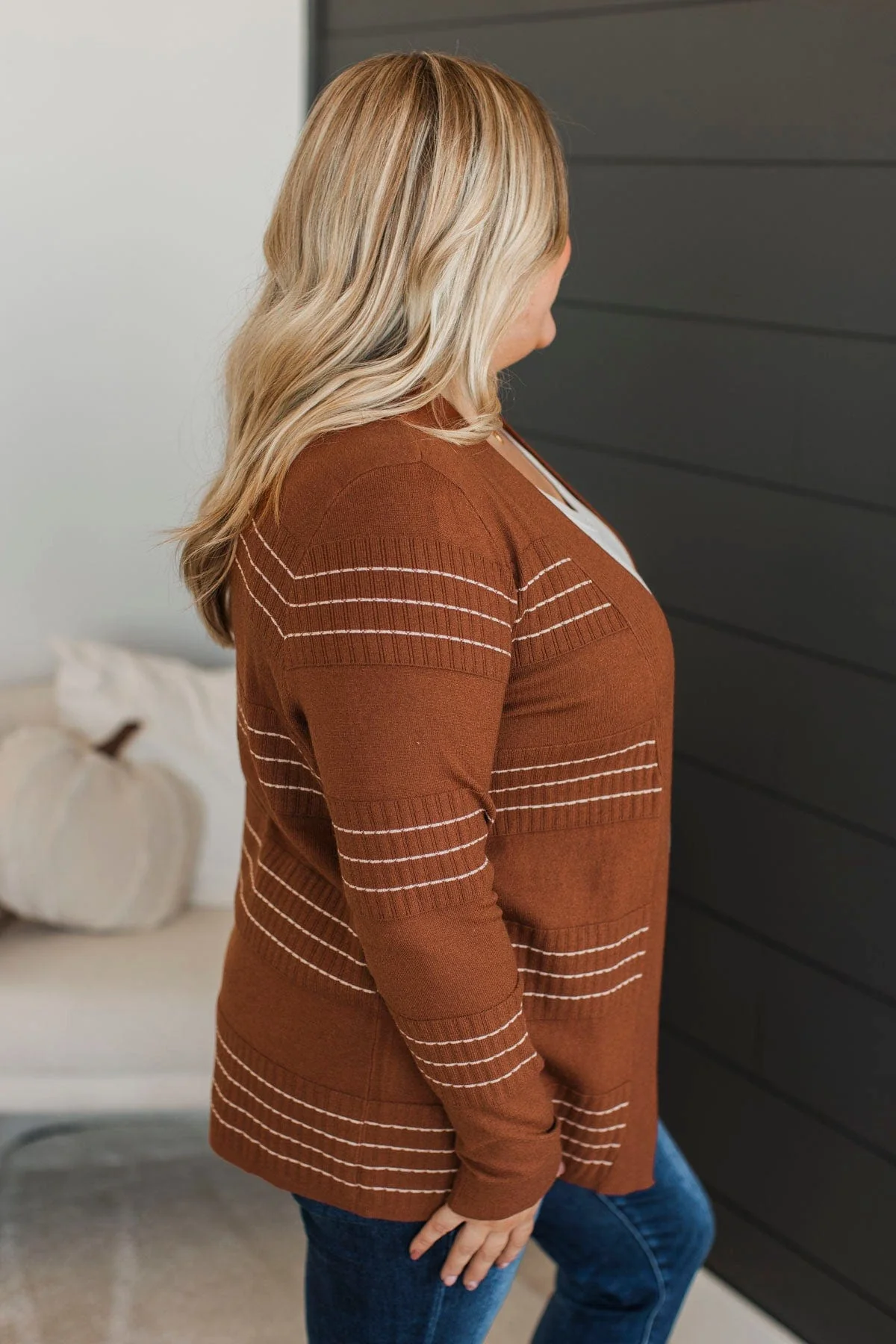 Keep In Mind Stitch Stripe Cardigan- Dark Rust - Image 8