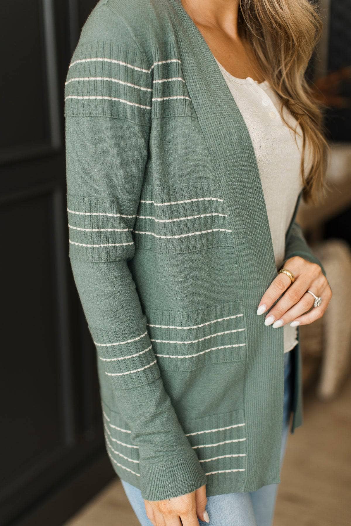 Keep In Mind Stitch Stripe Cardigan- Dusty Jade - Image 2