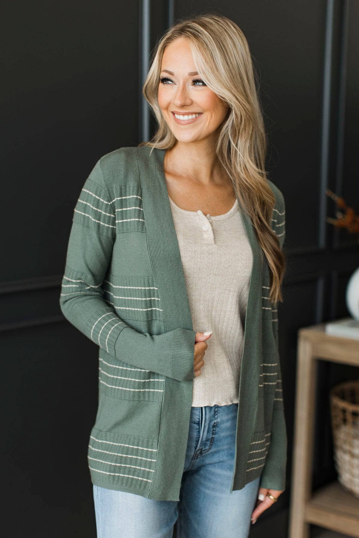 Keep In Mind Stitch Stripe Cardigan- Dusty Jade - Image 3