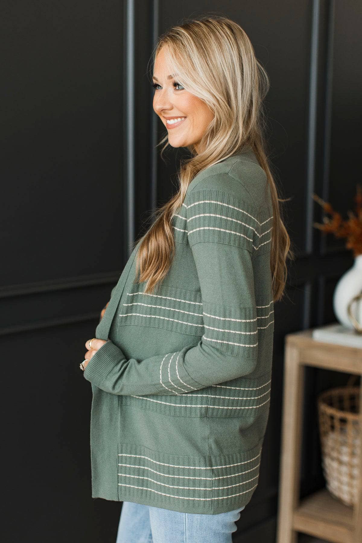 Keep In Mind Stitch Stripe Cardigan- Dusty Jade - Image 4
