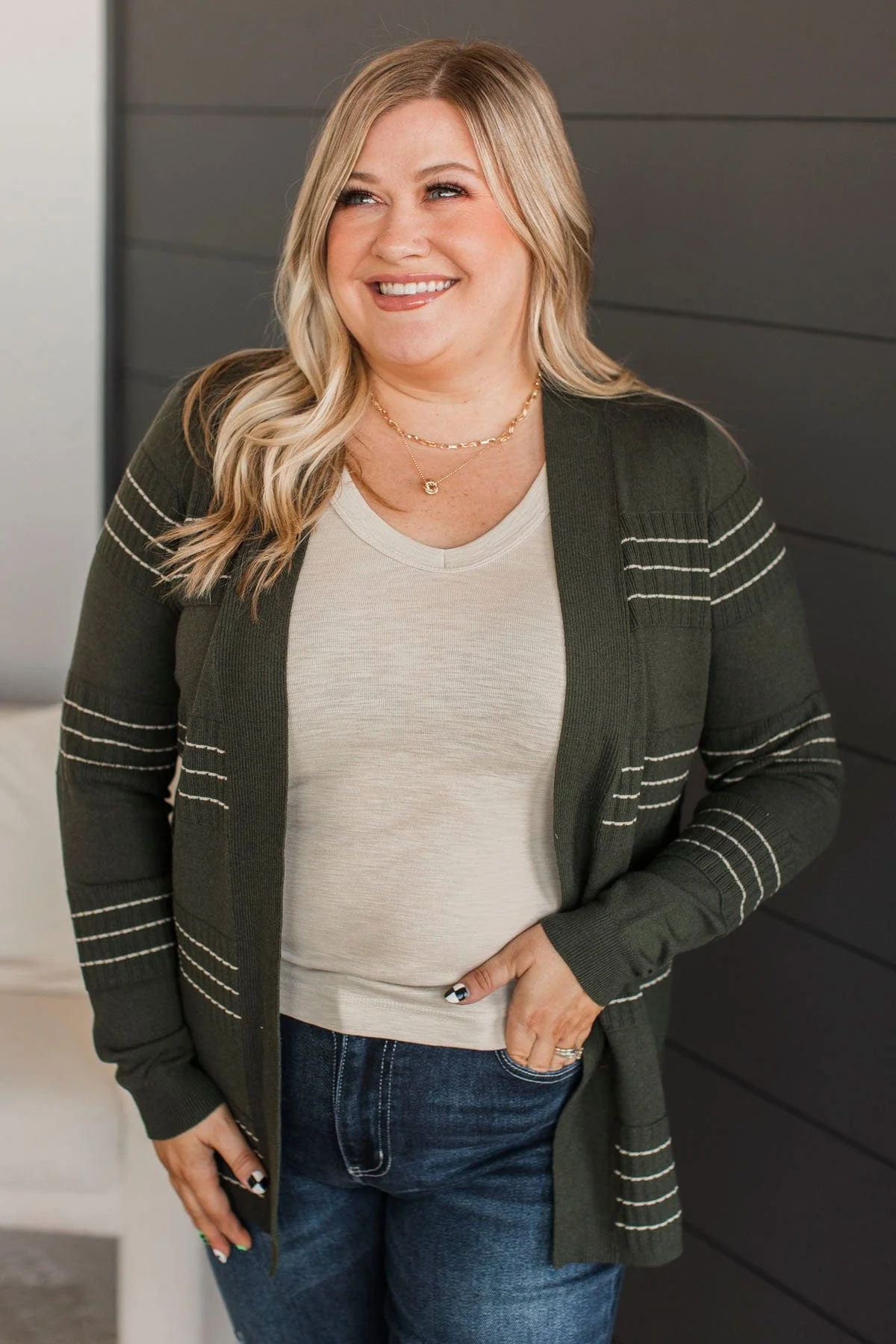 Keep In Mind Stitch Stripe Cardigan- Hunter Green - Image 2