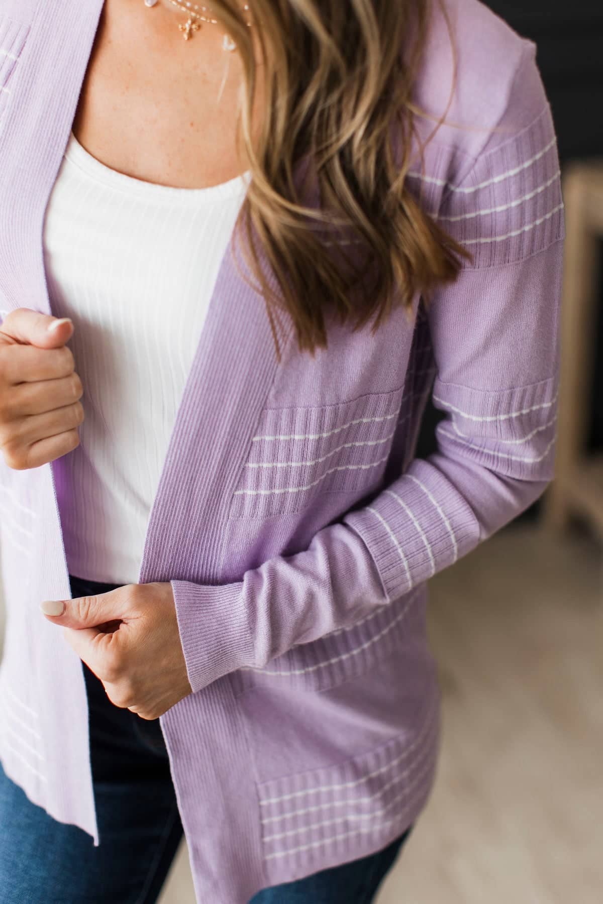 Keep In Mind Stitch Stripe Cardigan- Lavender - Image 2