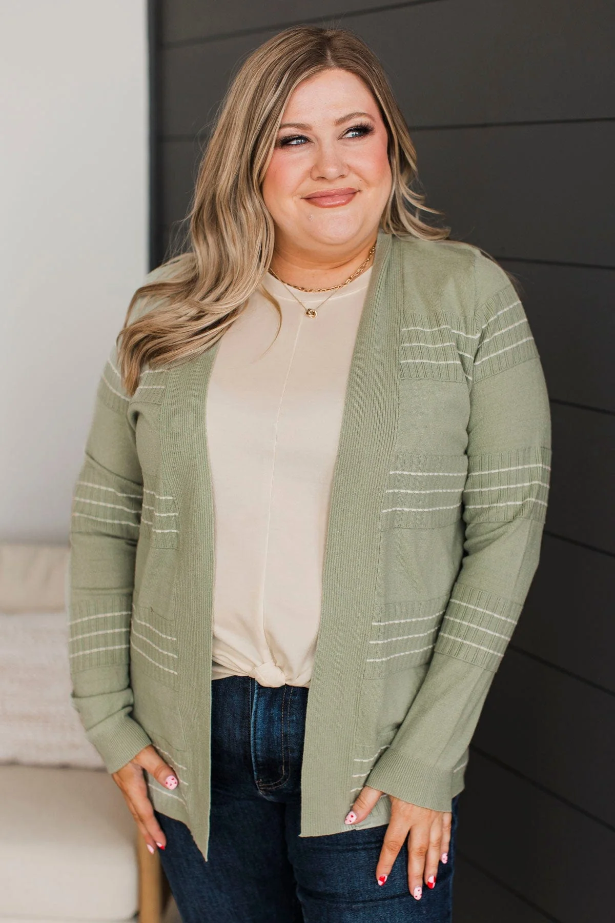 Keep In Mind Stitch Stripe Cardigan- Sage - Image 3