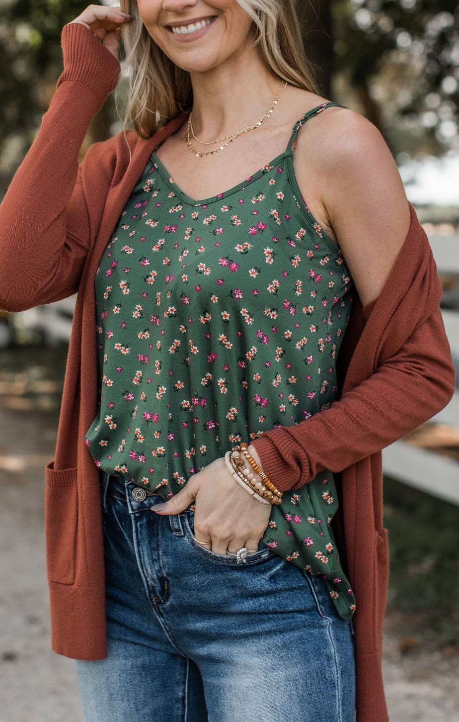 Keep It Cute Floral Tank Top- Emerald Green