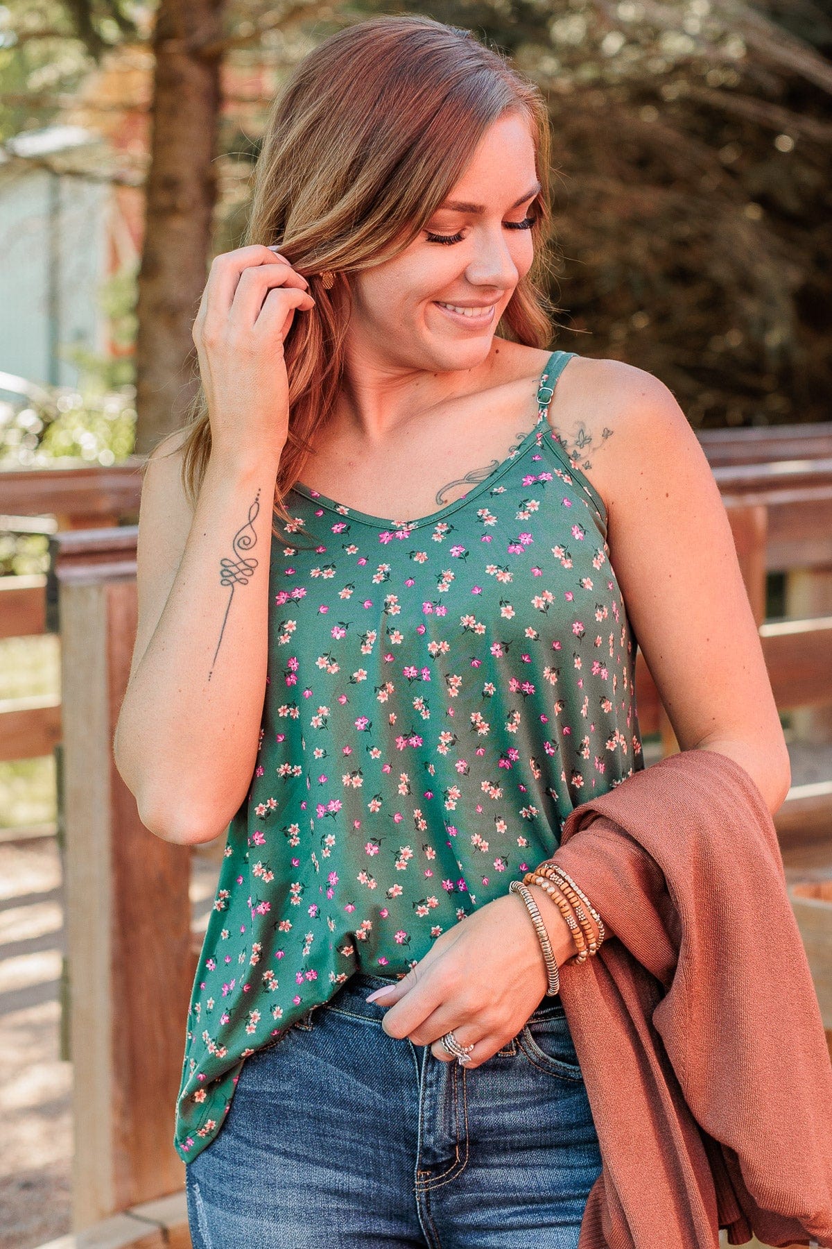 Keep It Cute Floral Tank Top- Emerald Green - Image 3