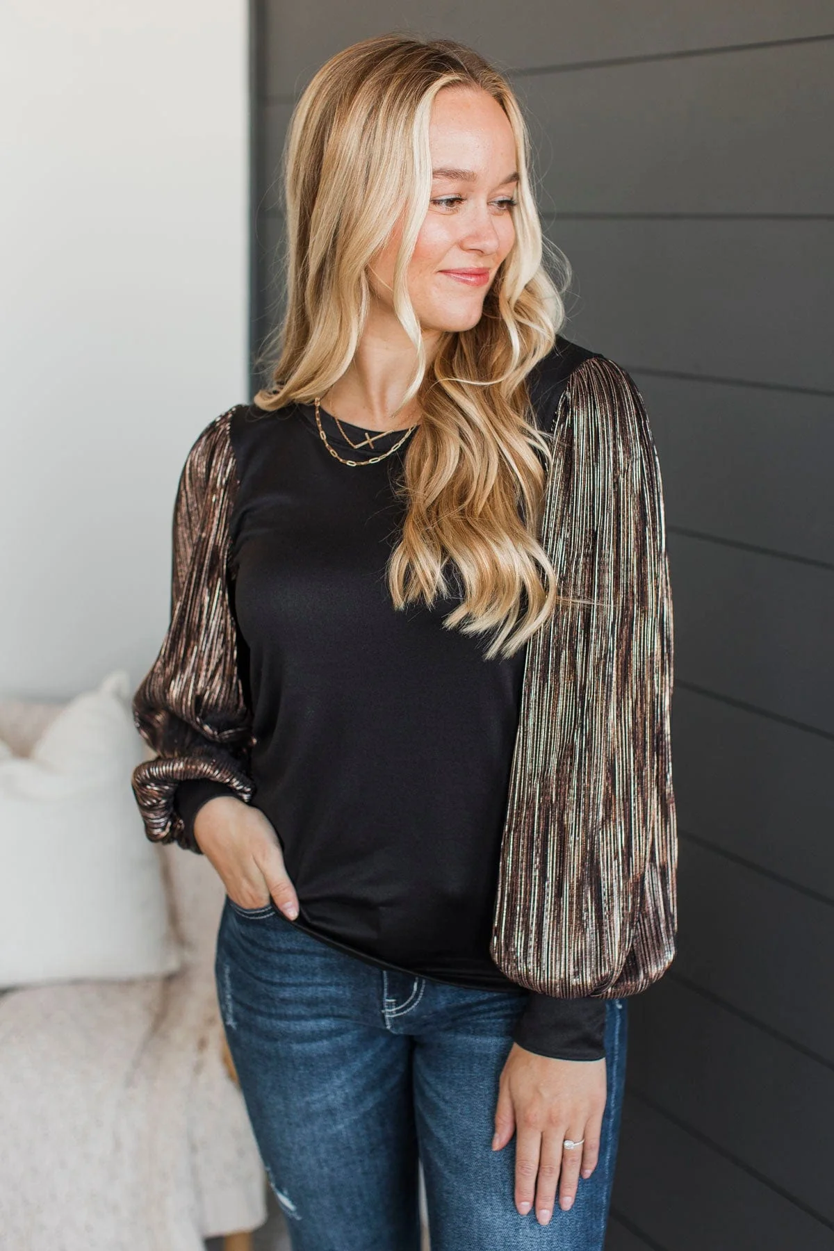 Keep It Forever Plisse Sleeve Top- Black - Image 2