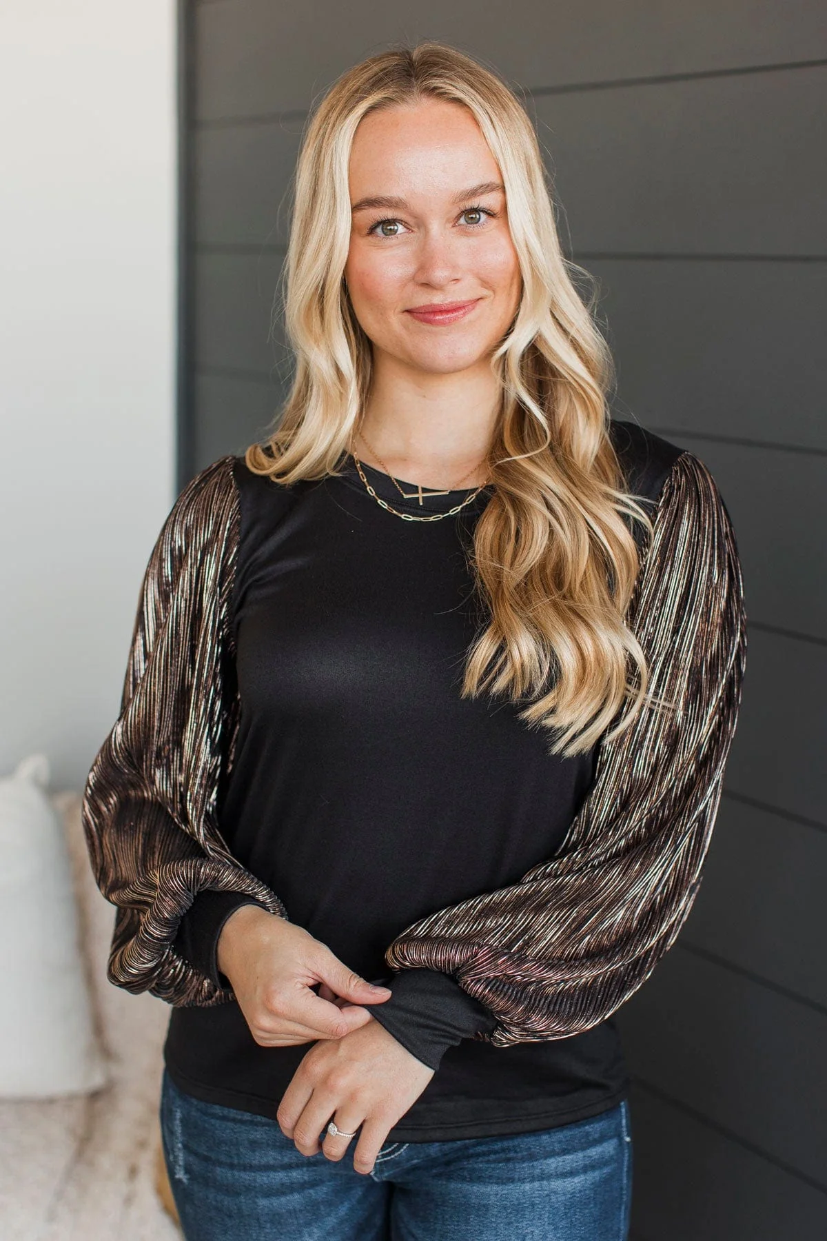 Keep It Forever Plisse Sleeve Top- Black - Image 4