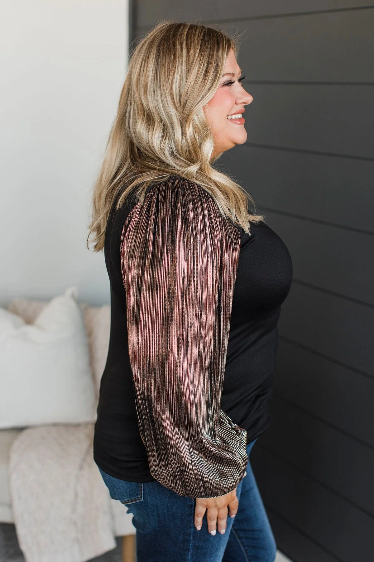 Keep It Forever Plisse Sleeve Top- Black - Image 5