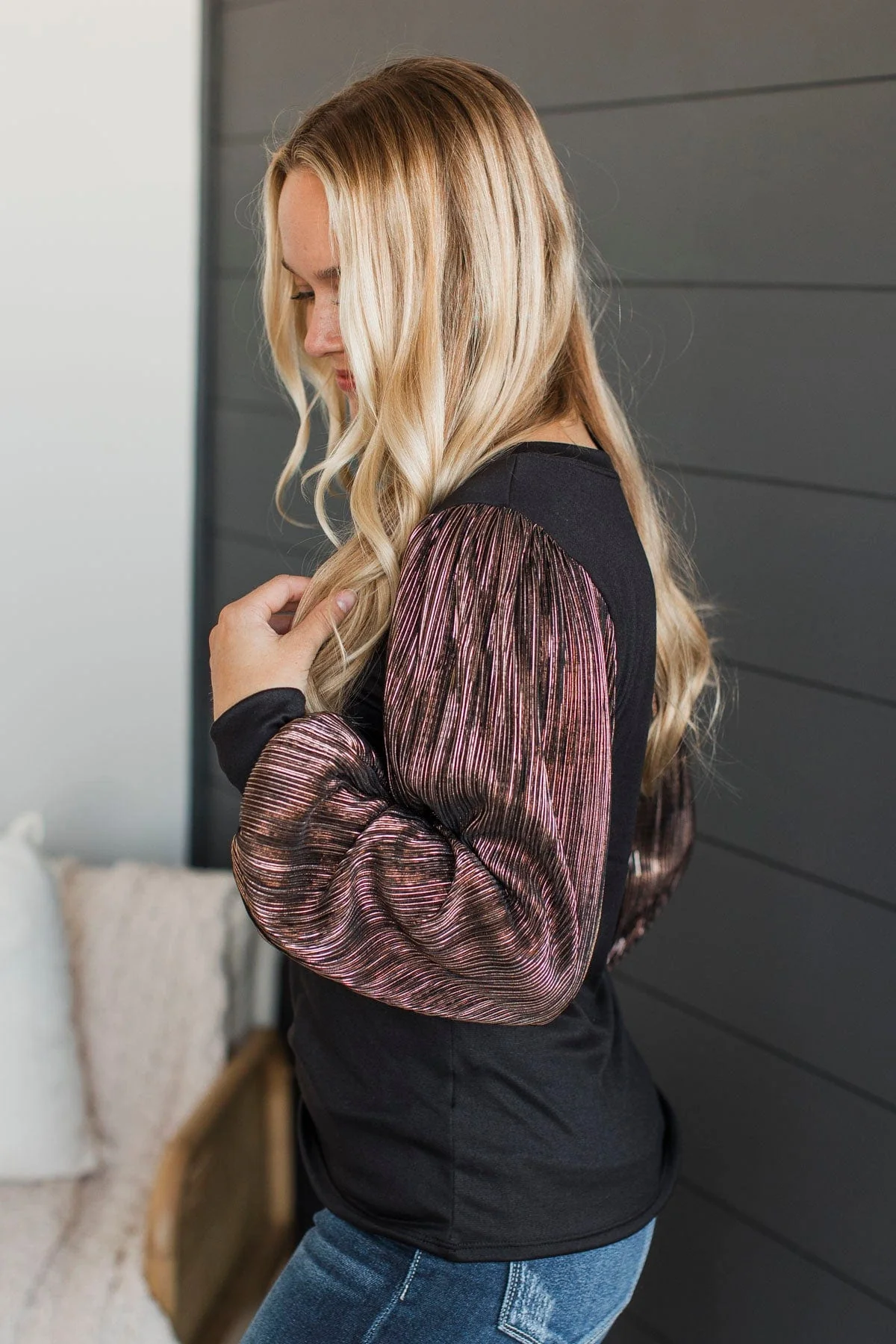 Keep It Forever Plisse Sleeve Top- Black - Image 6