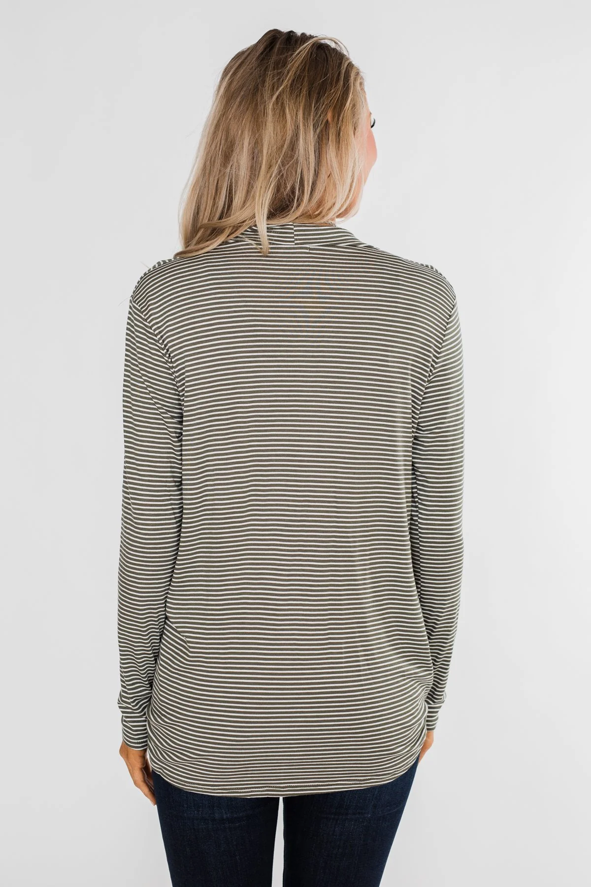 Keep It Going Long Sleeve Striped Wrap Top- Olive - Image 15