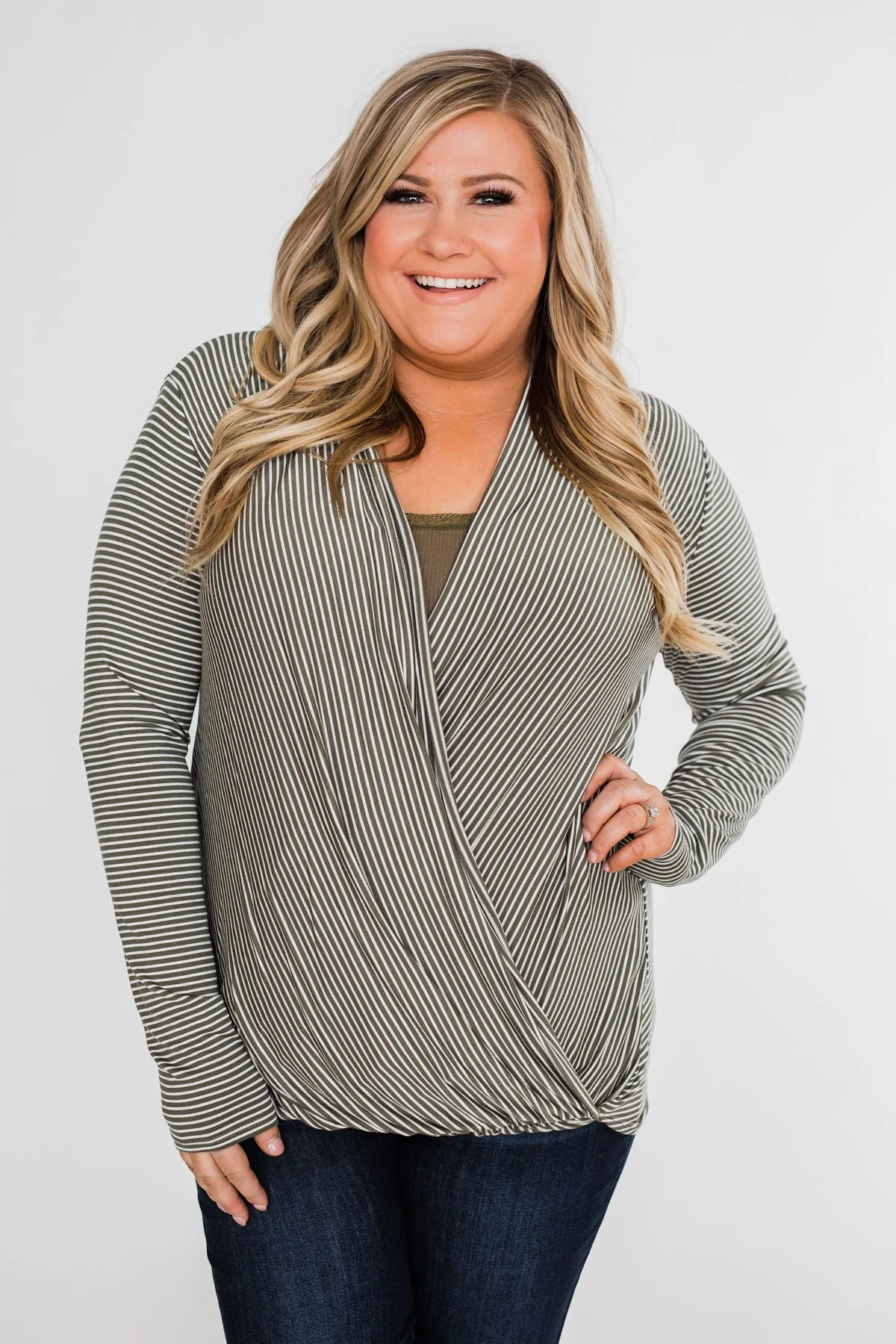 Keep It Going Long Sleeve Striped Wrap Top- Olive - Image 2