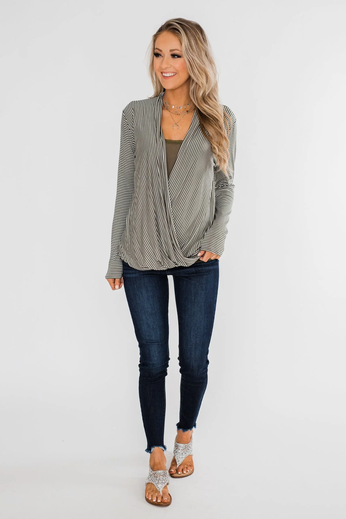 Keep It Going Long Sleeve Striped Wrap Top- Olive - Image 3