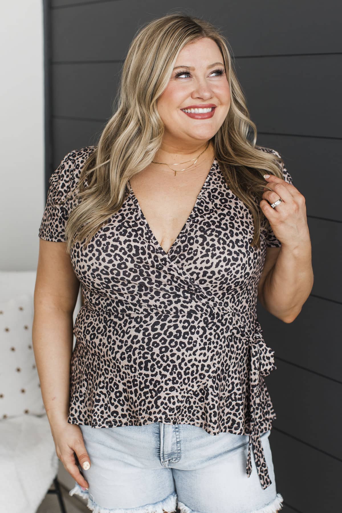 Keep Loving Me Wrap Peplum Top- Taupe Leopard Print - Image 2