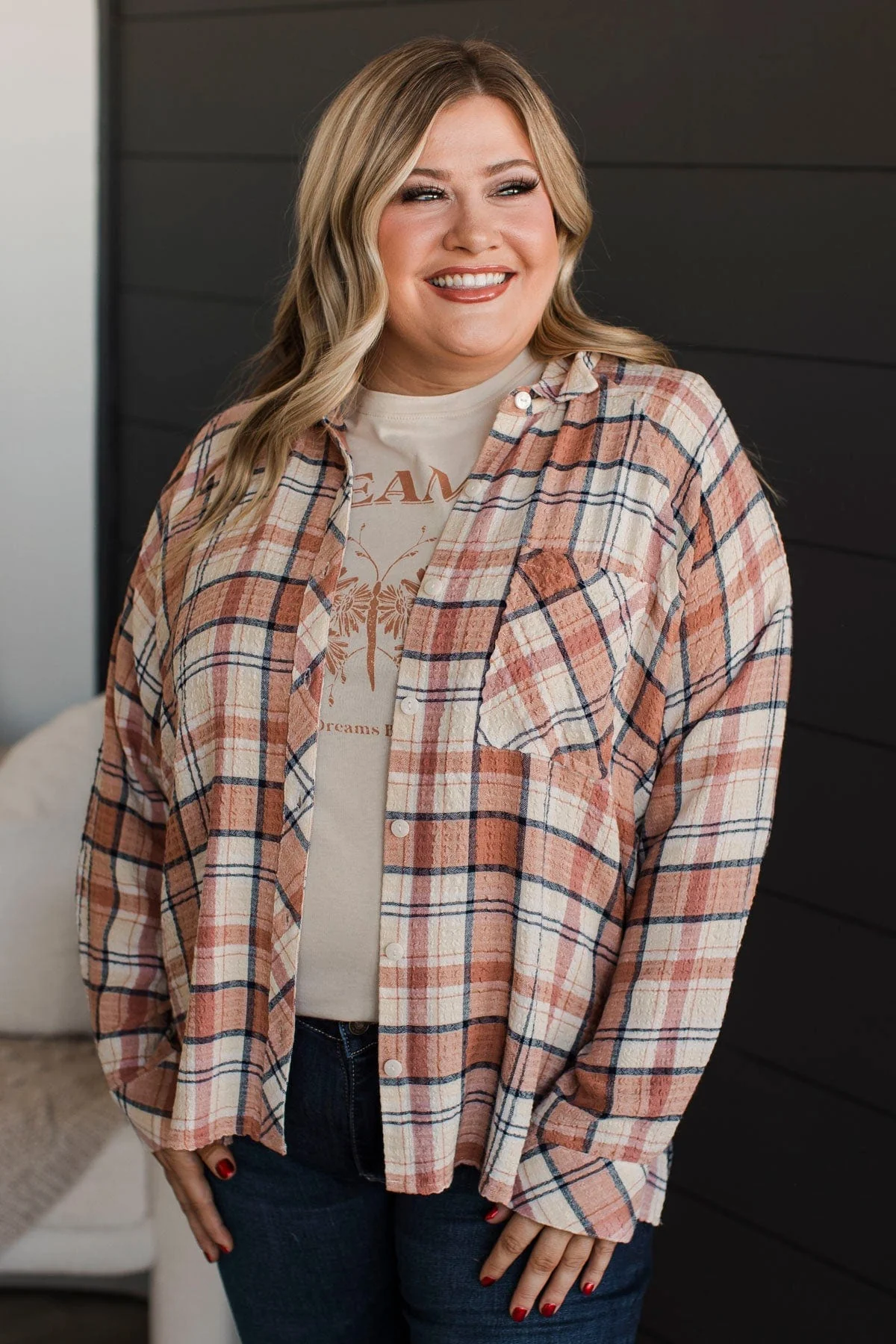 Keep Me In Mind Plaid Button Top- Mauve & Navy - Image 2