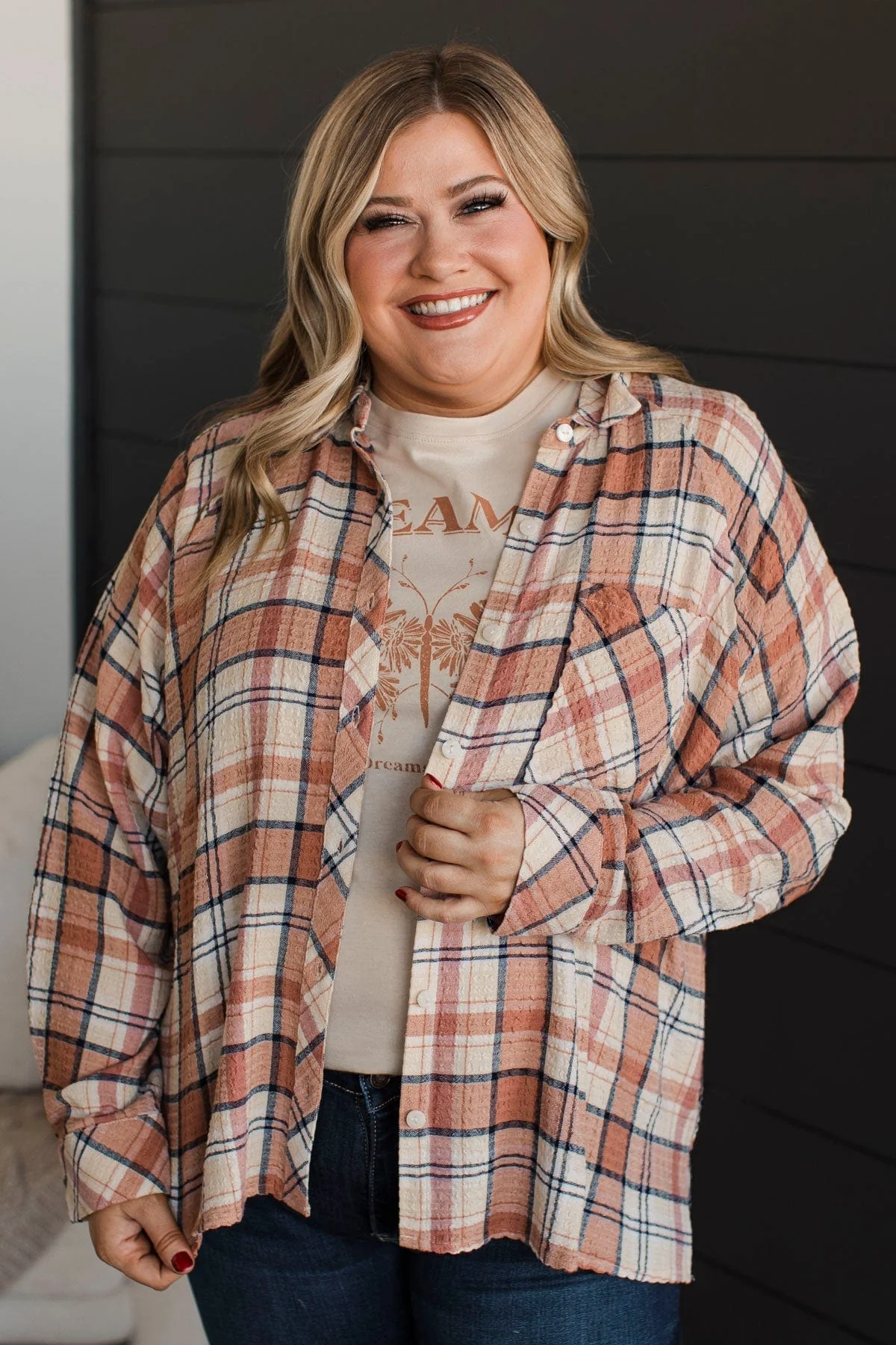 Keep Me In Mind Plaid Button Top- Mauve & Navy - Image 4