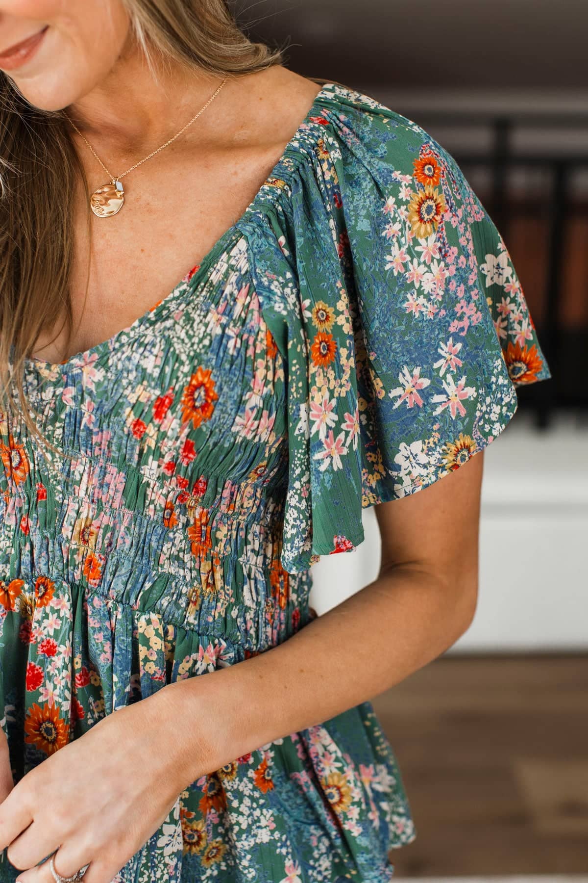 Keep Me Posted Smocked Floral Peplum Top- Green - Image 3