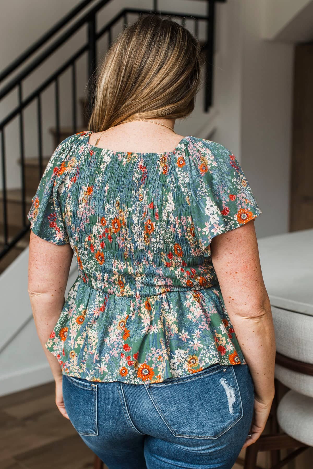 Keep Me Posted Smocked Floral Peplum Top- Green - Image 8