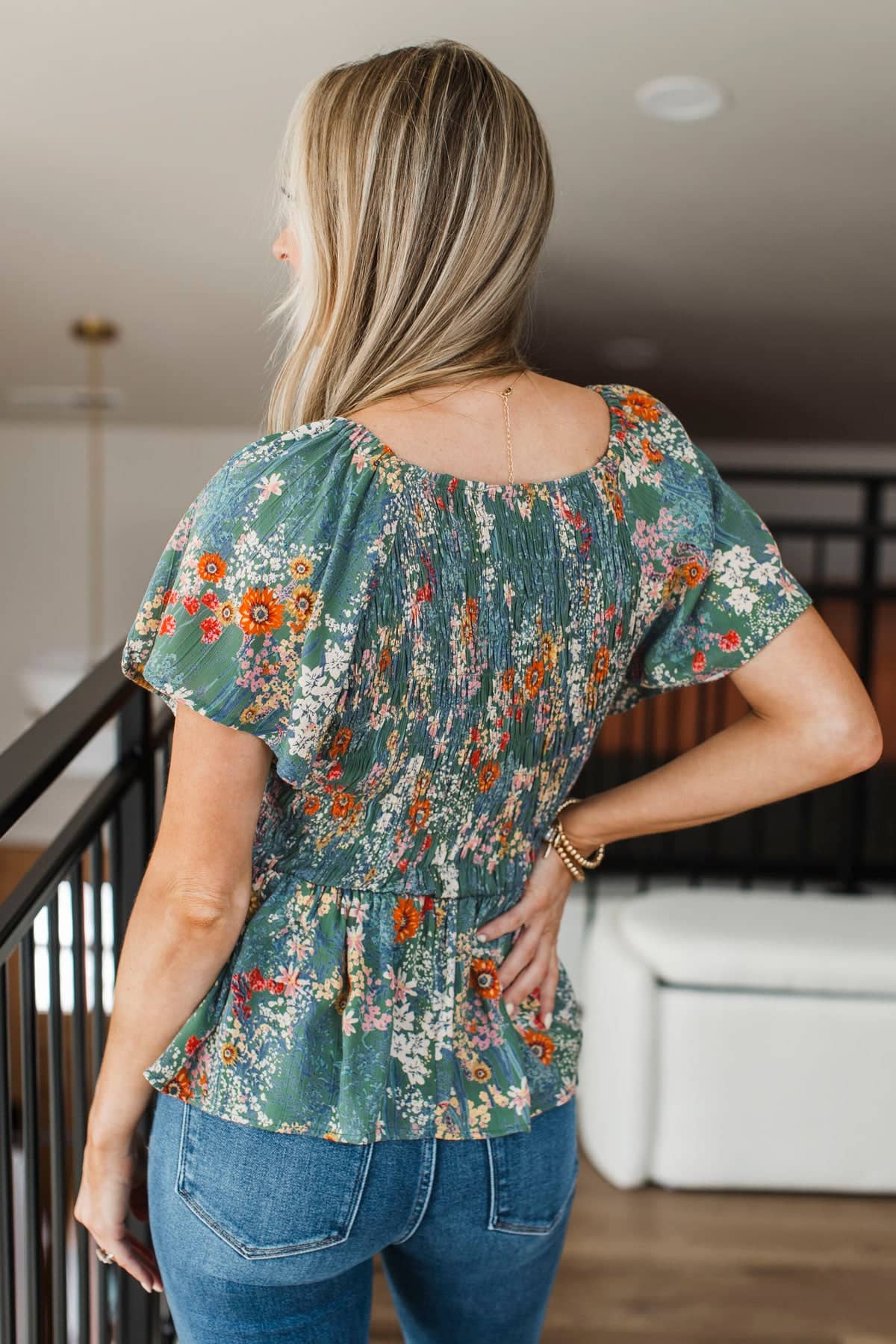 Keep Me Posted Smocked Floral Peplum Top- Green - Image 9