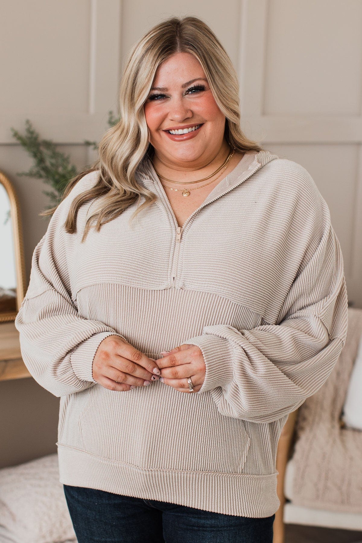 Keep My Cool Quarter Zip Hoodie- Taupe - Image 5