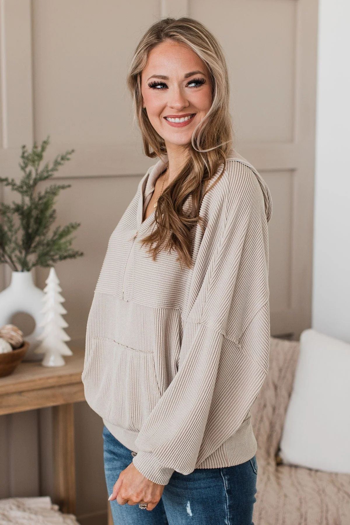 Keep My Cool Quarter Zip Hoodie- Taupe - Image 6