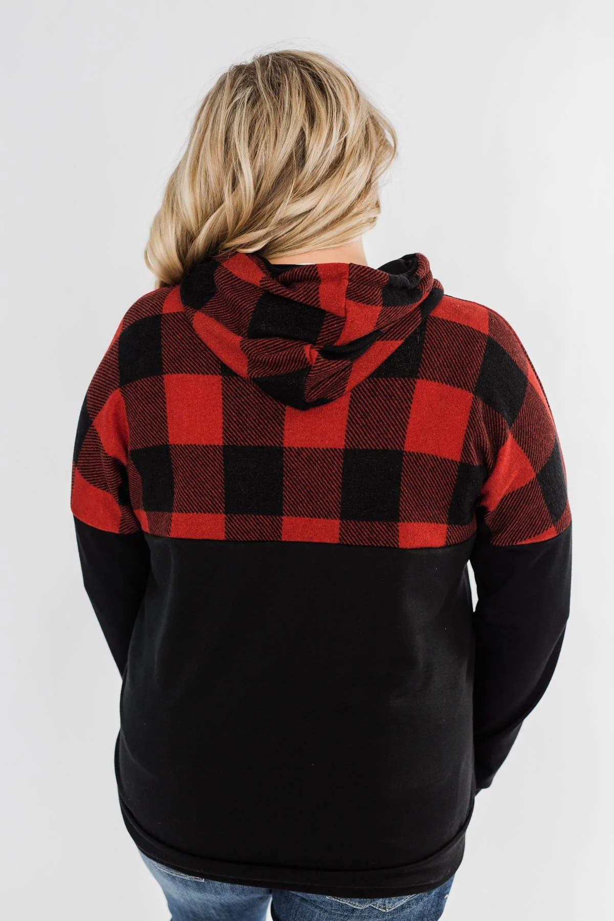Keep On Loving Color Block Hoodie- Black & Buffalo Plaid - Image 14